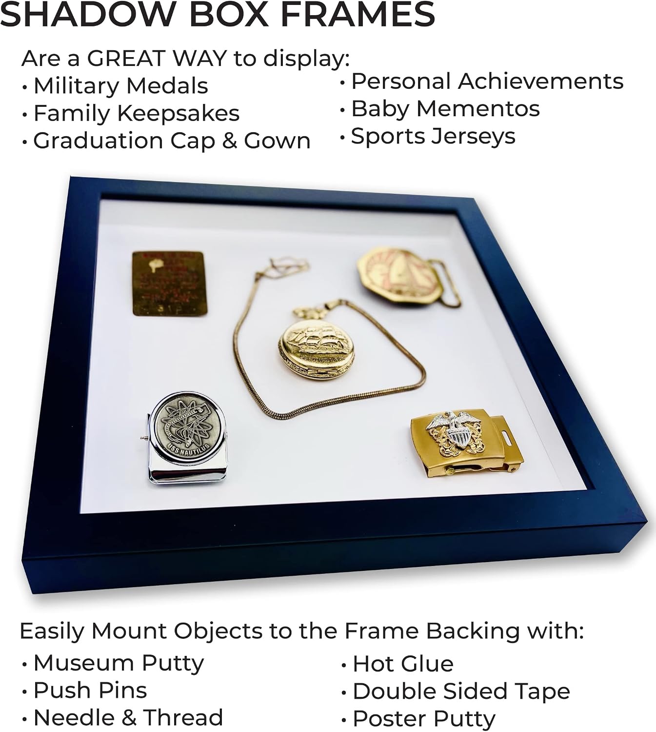8.5x11 Shadow Box Black Solid Wood Display Frame with White Acid-Free Backing UV Acrylic & Hanging Hardware - with 3/4"