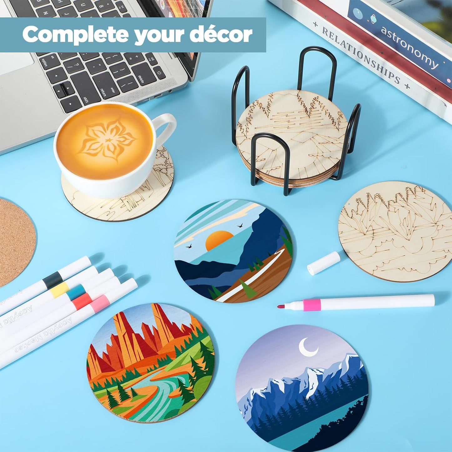 Wooden Coasters Painting Kit / Landscape / 4 Inch / Set of 45