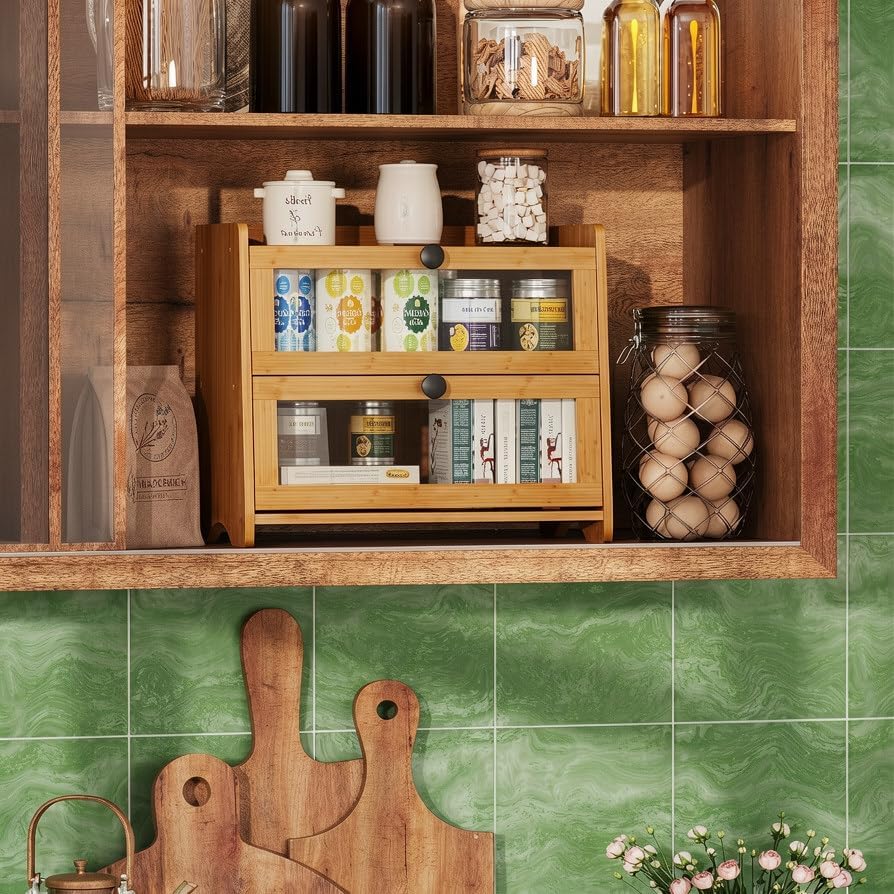 BAMBANG Bread Box for Kitchen Countertop, Extra Large Bamboo Bread Storage Container for Homemade Bread, Double Layer