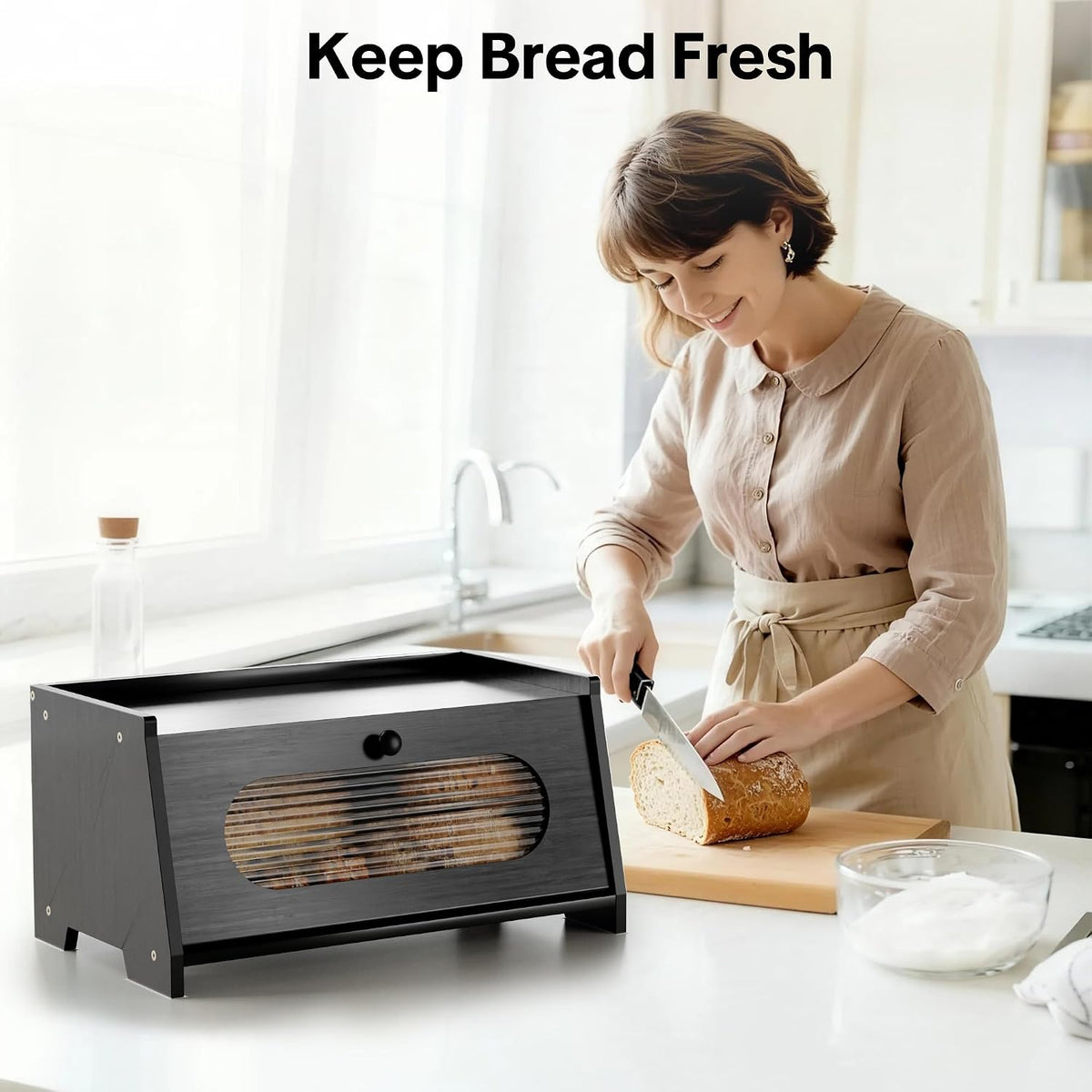 Black Bread Box for Kitchen Countertop,Large Capacity Kitchen Countertop Organizer,Bread Storage with Acrylic Window