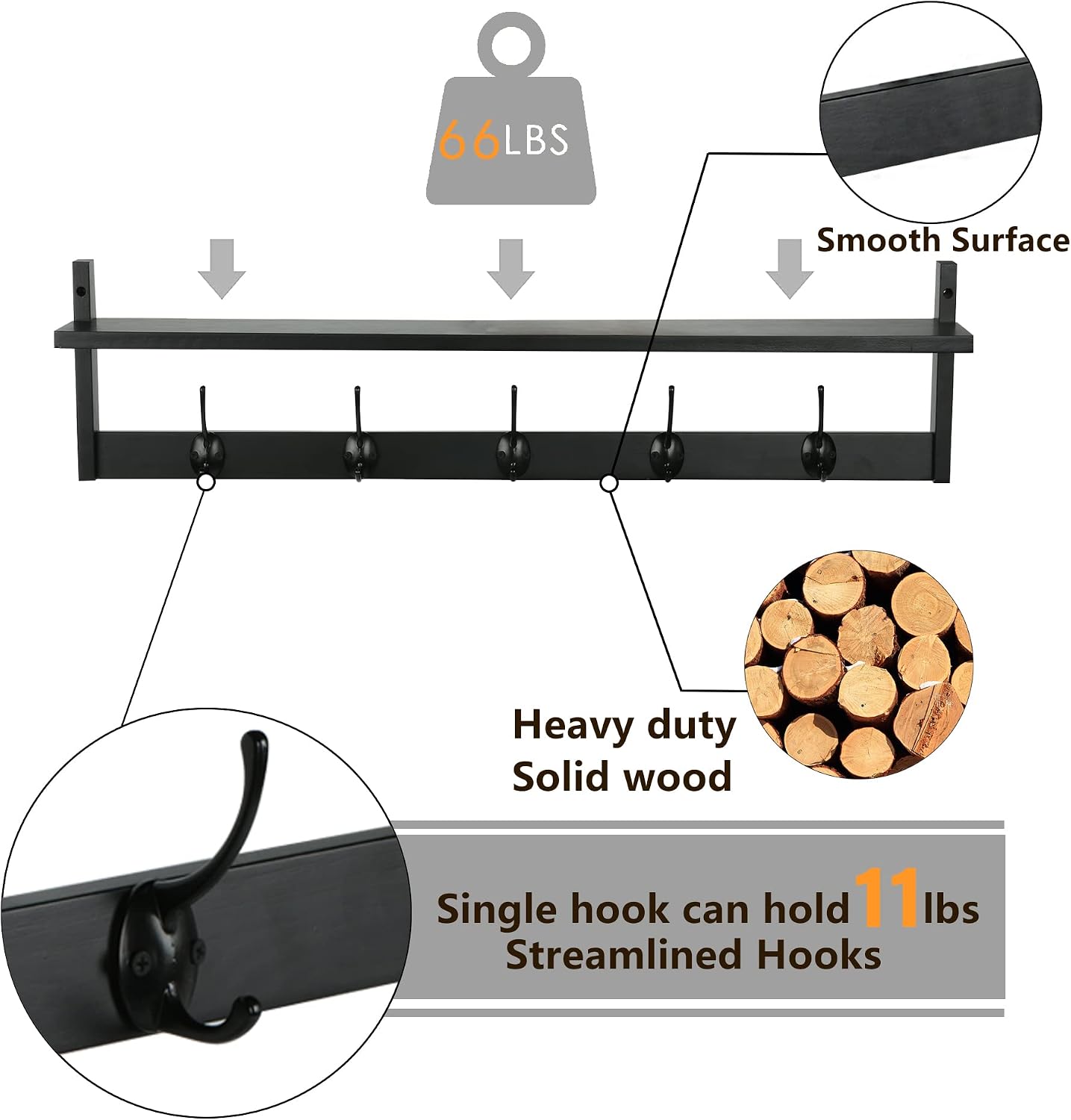 AMBIRD Wall Hooks with Shelf Entryway Hanging Wood Coat Hooks with Shelf Wall-Mounted Coat Hook Rack with 5 Dual Hooks