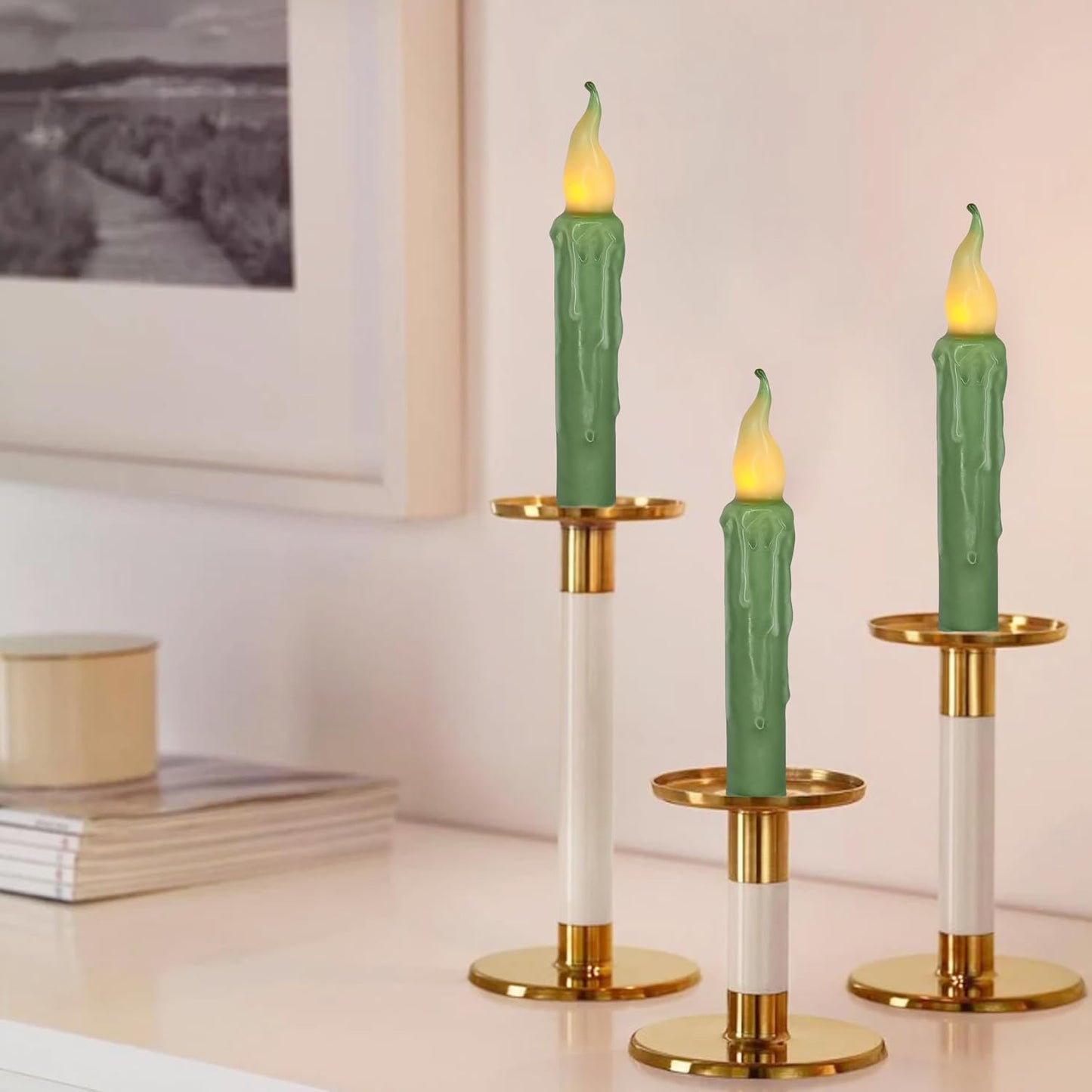 Sage Green Flameless Short Taper Candles, Real Wax Hand Dipped LED Battery Operated with Remote, Flickering Flame