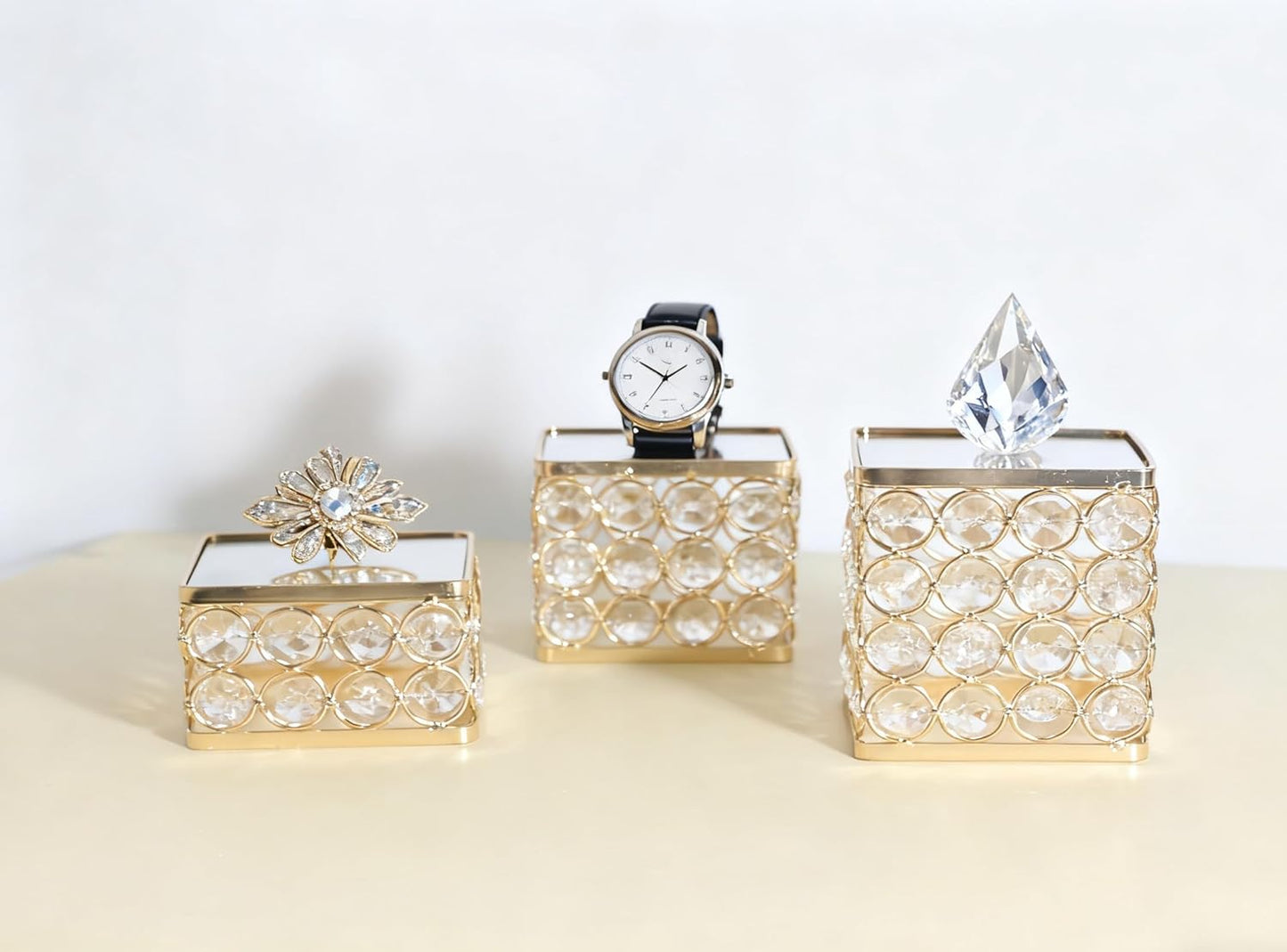 Crystal Jewelry Watch Display Stands Mirrored Risers Decorative Crystals Perfume / Gold / Set of 3