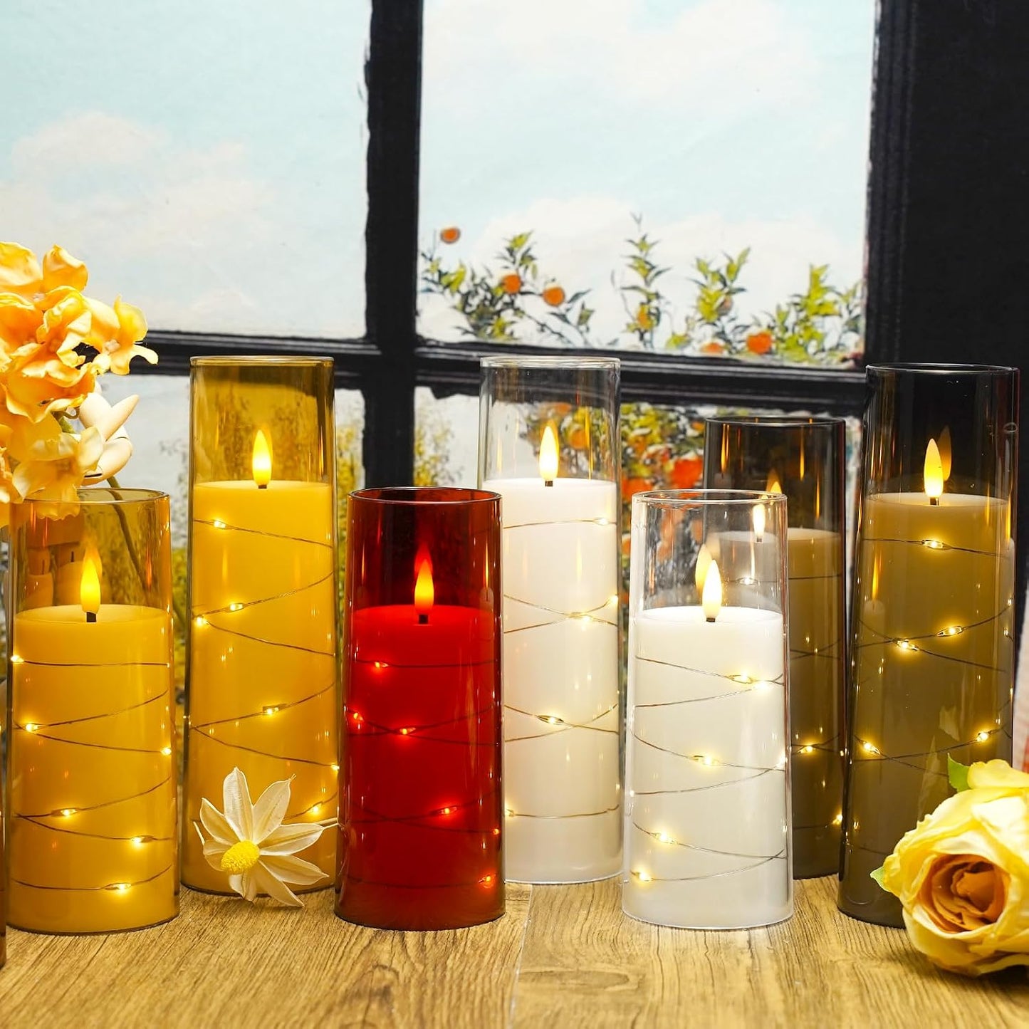 Nimiko Flickering Flameless LED Candles, 9 Pcs with Embedded Star String, Acrylic LED Pillar Candles with Remote