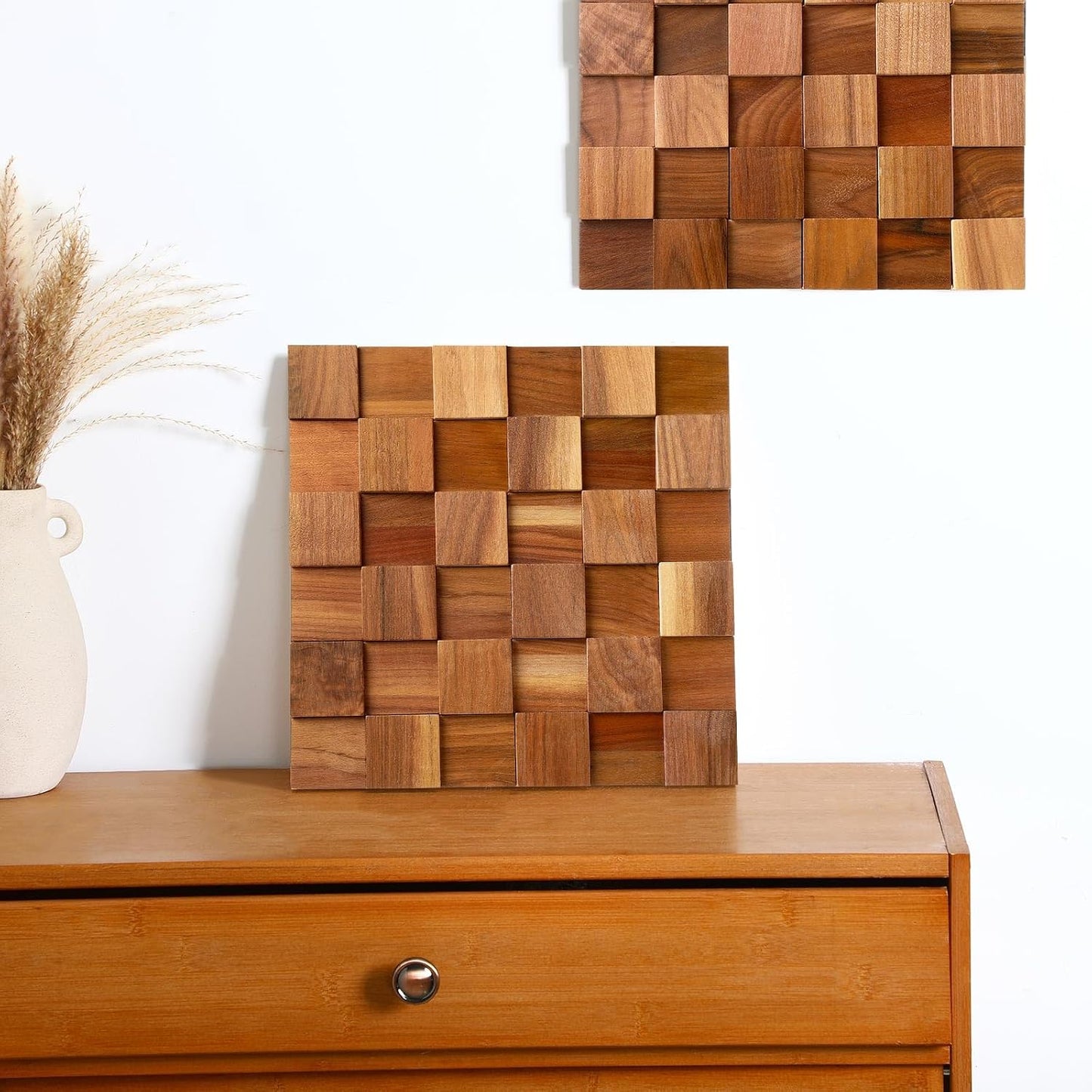 3D Wood Wall Art 11.8'' x 11.8'' Rugged Mosaic Wood Wall Decor Rustic Block Wooden Wall / Set of 3