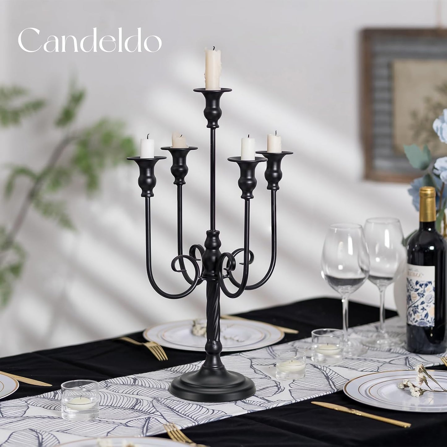 20 Inches Black Candelabra Halloween Decorations Set of 2 | Gothic Candle Holder, 5 Arm Metal Candlestick Stand, for