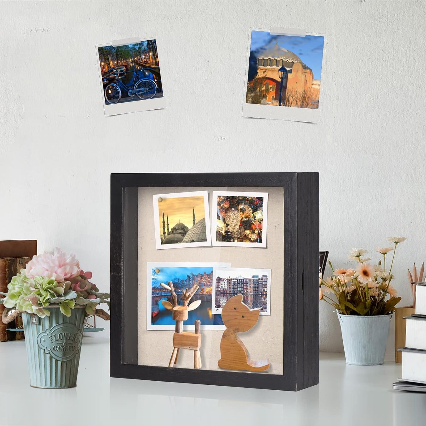 Love-KANKEI Deep Shadow Box 11x11,Solid Wood Frame,Memory Box,Rustic Black | Front-Opening Glass Magnetic Door,Linen