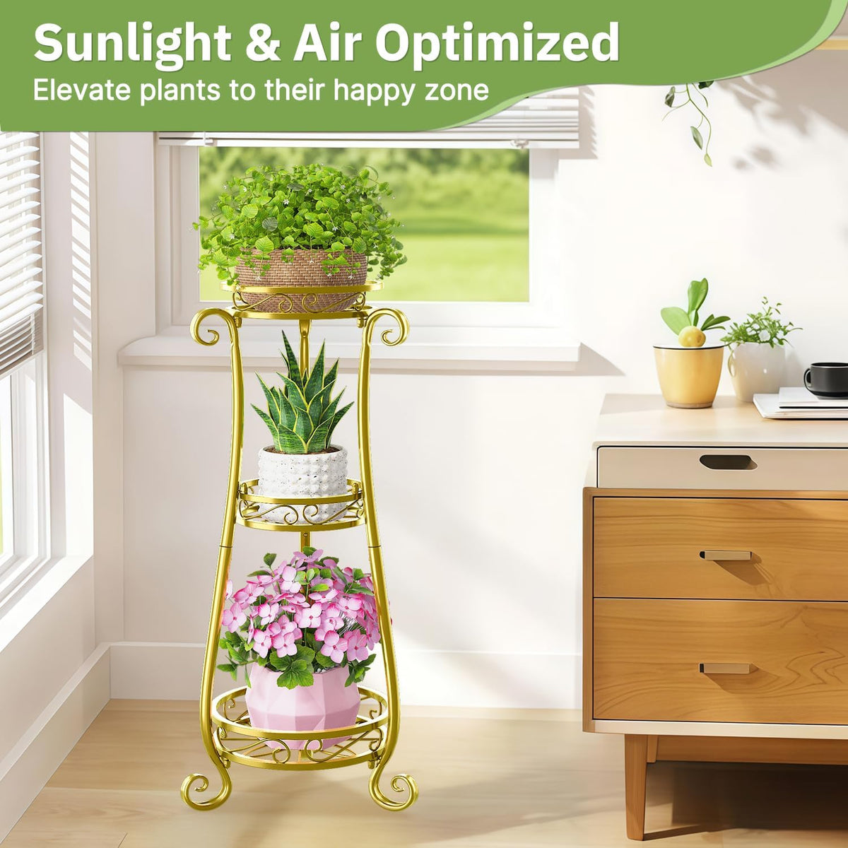 KMOTASUO 3 Tier Metal Plant Stand Tall for Indoor Outdoor Corner, Gold | Heavy Duty Flower Holder Rack, Modern Vertical