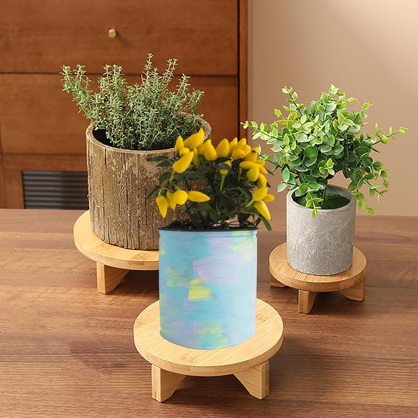 Short Round Wooden Plant Stand Indoor Desktop Flower Pedestal Stand Wood Decor Risers / 6 Inch