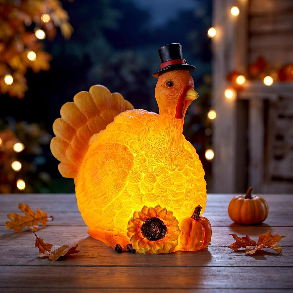Lineshading Turkey Solar Light Figurine, Resin Thanksgiving Fall Decor, 9in