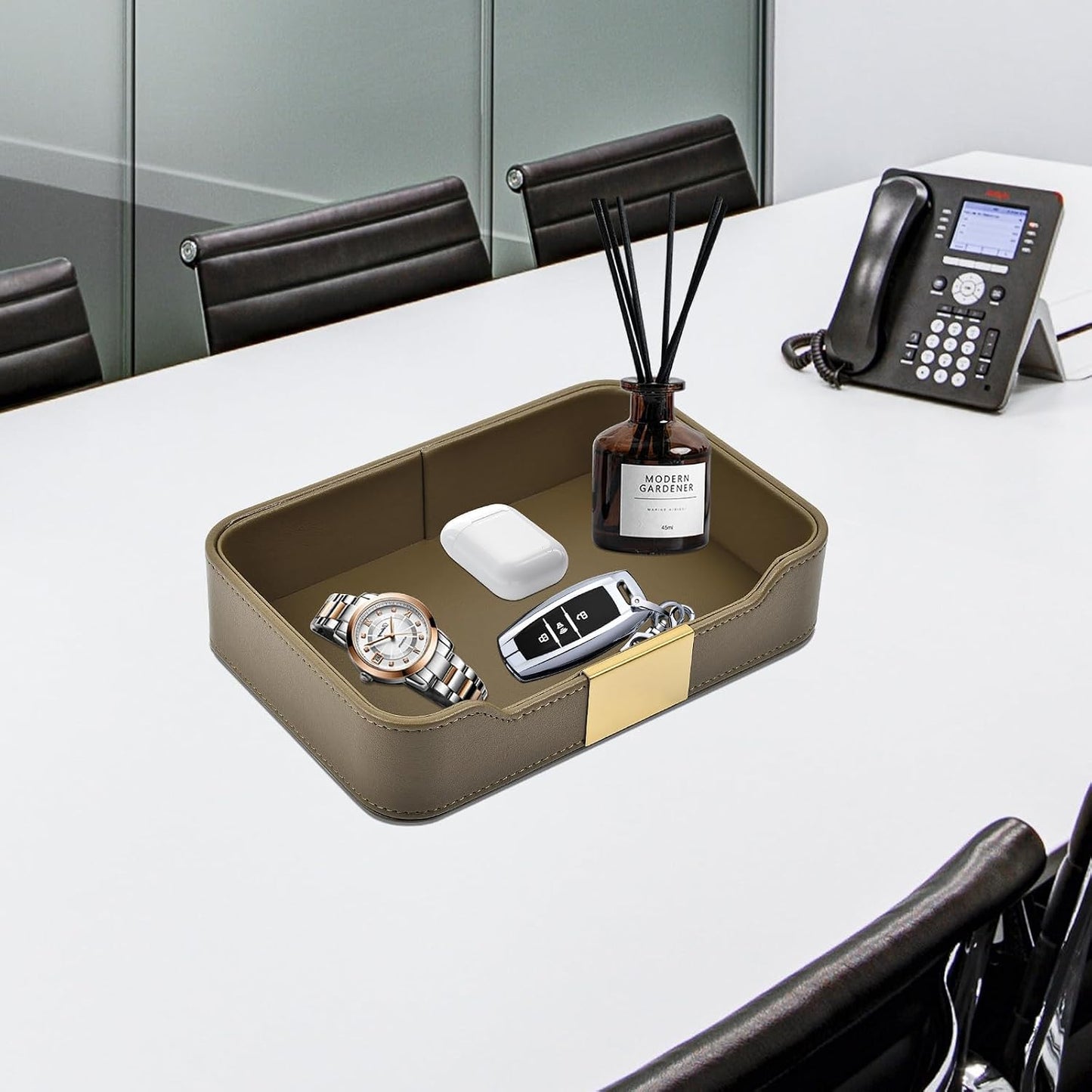 Leather Valet Tray Desktop Storage Organizer / 8.5 x 5.8 x 1.9 / Olive Green