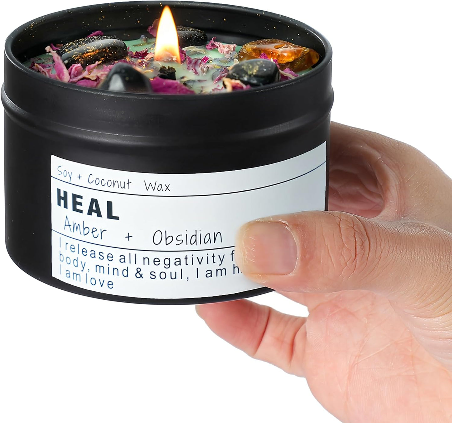 Obsidian Crystal Energy Candle, Good Aura Health Protection, Baltic Amber Chakra Magic Self-Care, Emotional Support