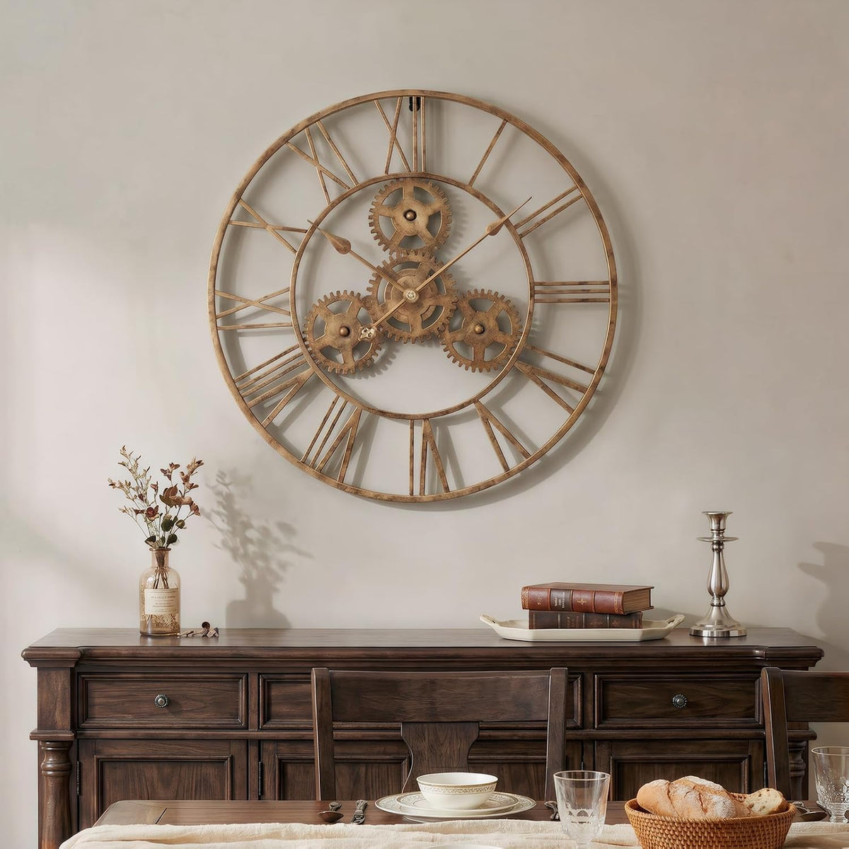 Cuspin 24 Inch Gold Wall Clock with Gears, Modern Industrial Metal Clock | Roman Numeral, silent non ticking, battery