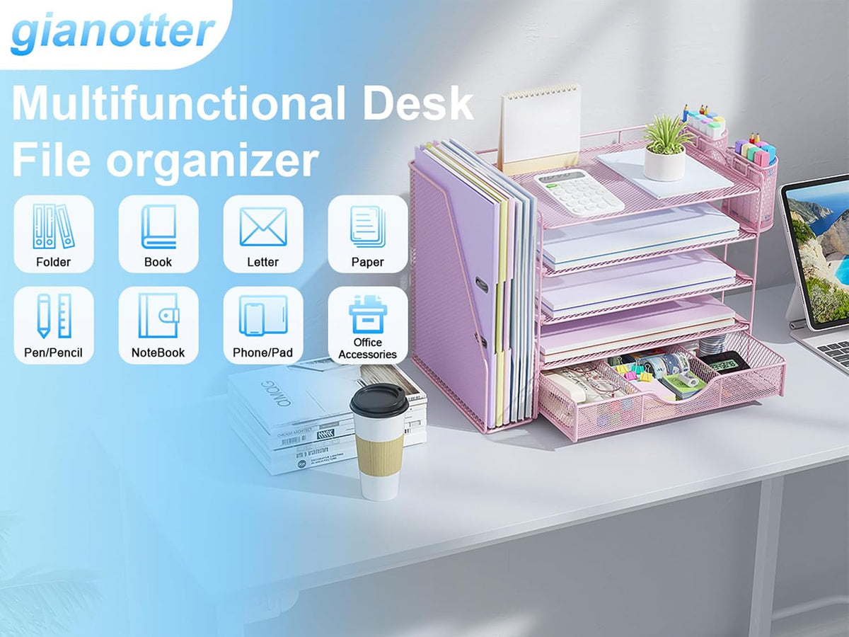 gianotter 5-Tier Desk Organizer with Drawers and File Holders | Letter Trays and Pen Holders - Workspace Accessories