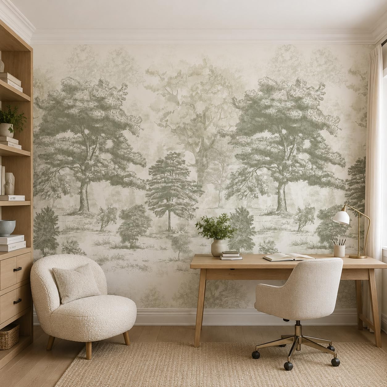 Vintage Forest Wall Murals Peel and Stick 144" W x 100" H Canvas Waterproof / Sage Green / 144 x 100