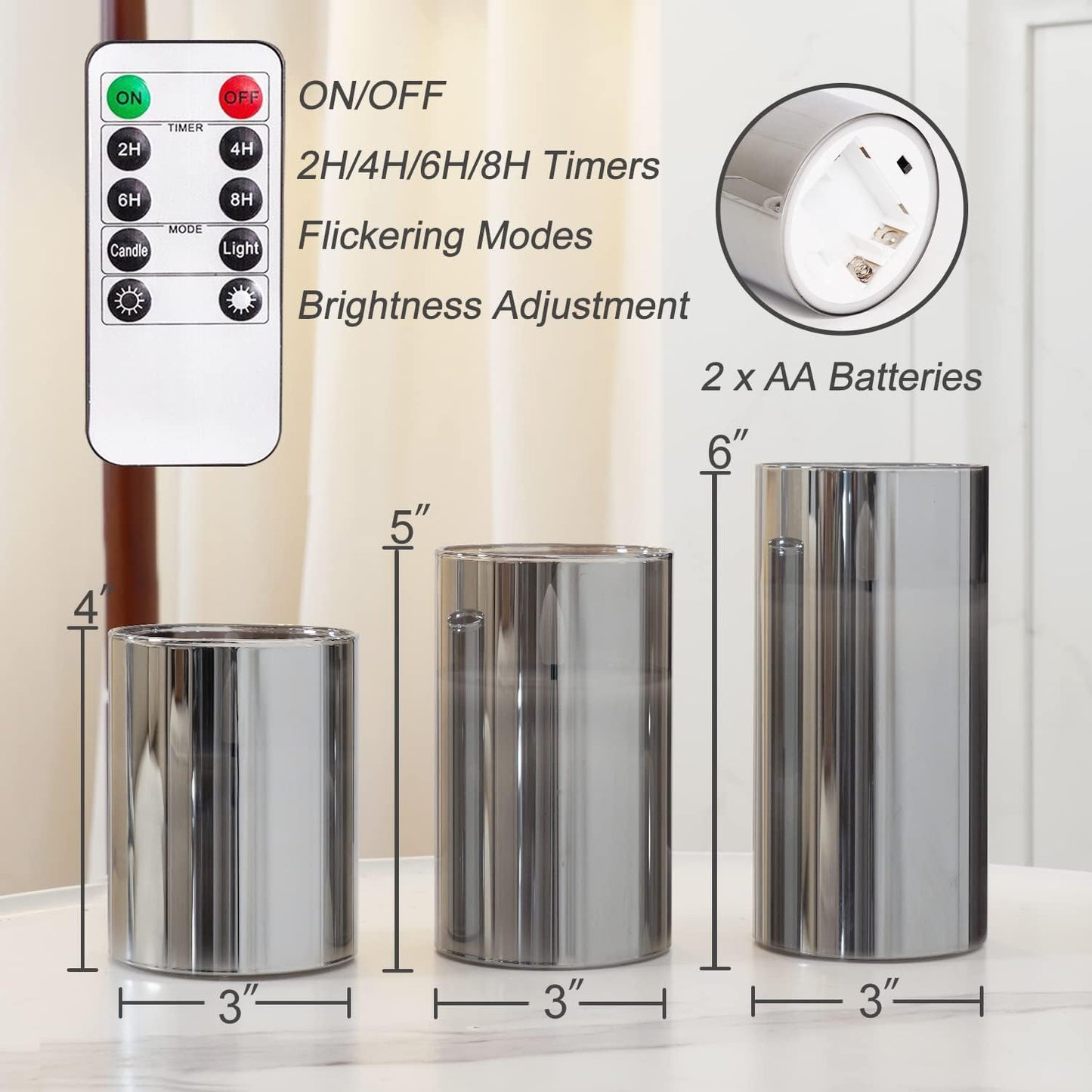 Homemory Grey Glass Flameless Candles, Real Wax, Remote Timer, 3 Pack | D3"xH4"5"6", battery operated flickering LED