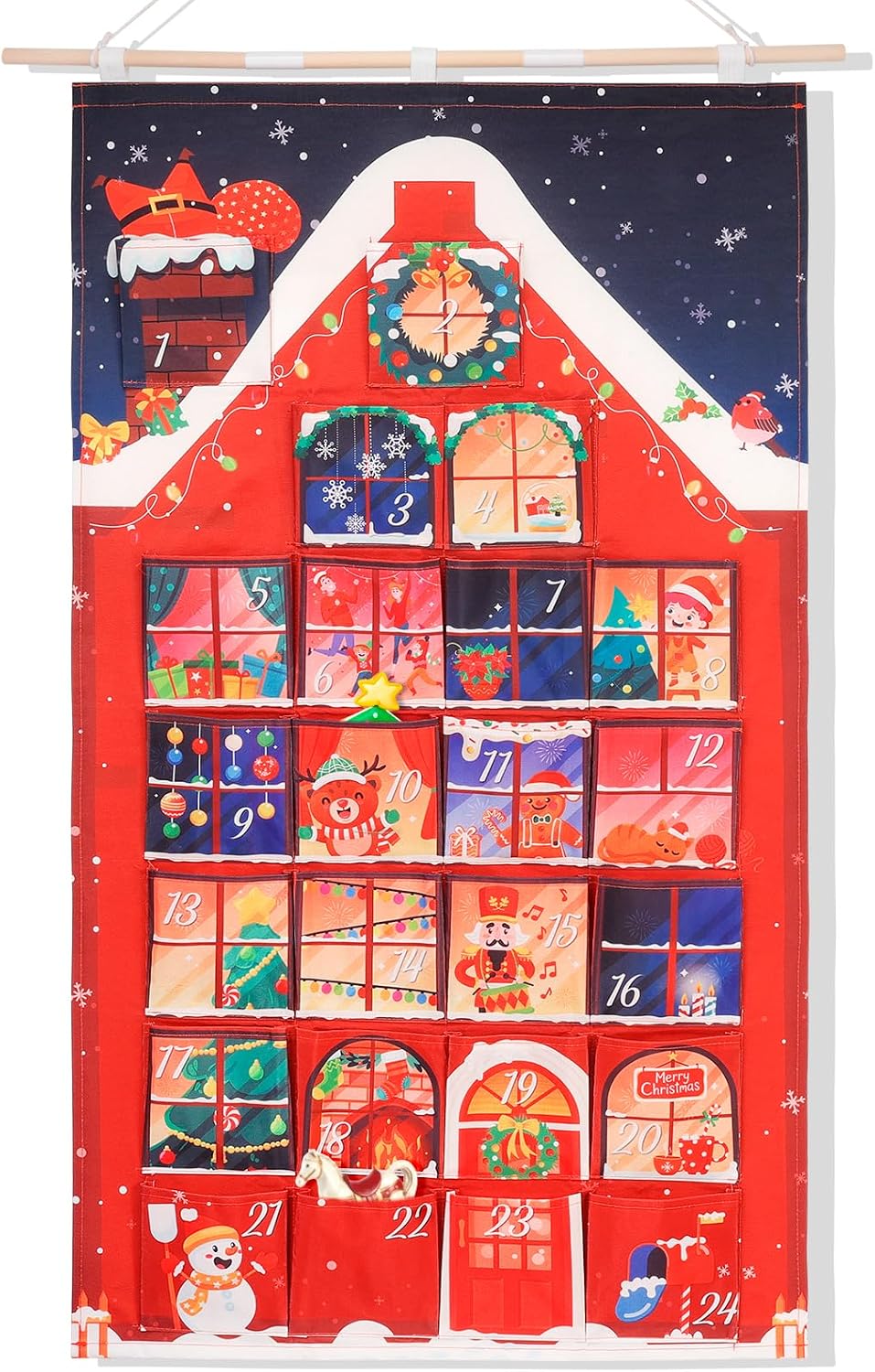 HOWAF Red House Fabric Christmas Advent Calendar with Pockets (Countdown to Christmas), 24 Days Mystery Christmas Countdown Calendar for Xmas Holiday Home Wall Decoration