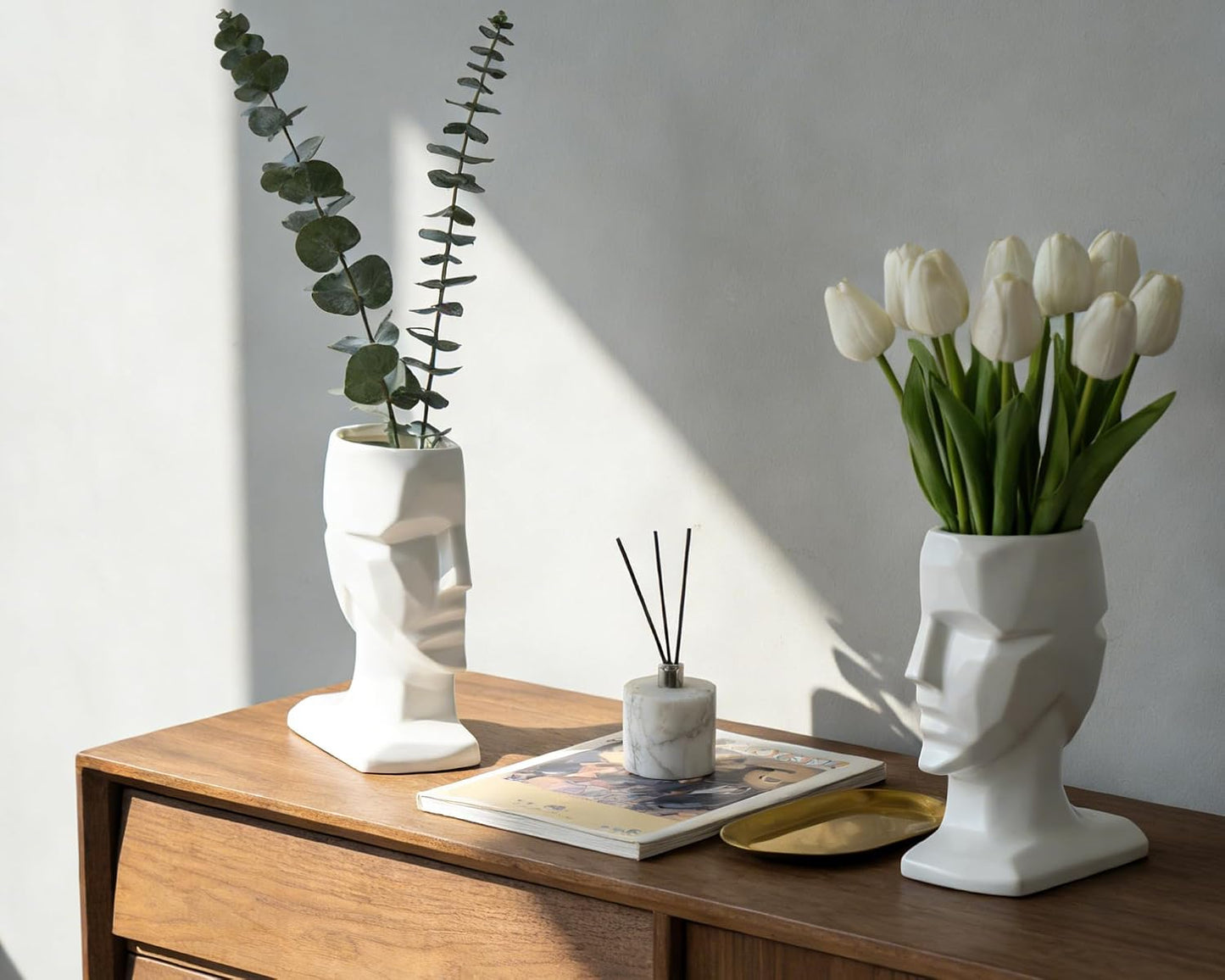 Ceramic Multi Face Decorative Flower Vase Modern Accent Decorative / White / 7 Inch / Set of 2