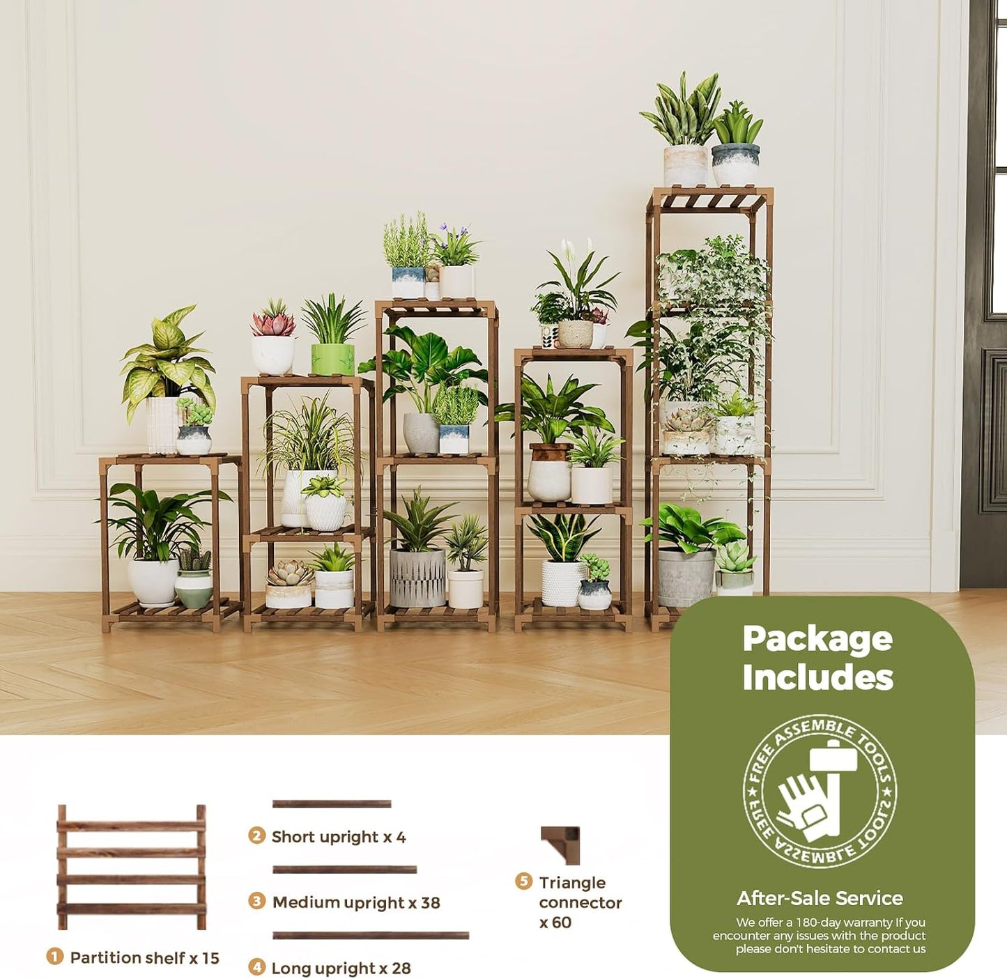 Bamworld Plant Stands Indoor 5 Sets Plant Shelves Outdoor | Wooden Plant Holder for Multiple Plants Flower Stands for