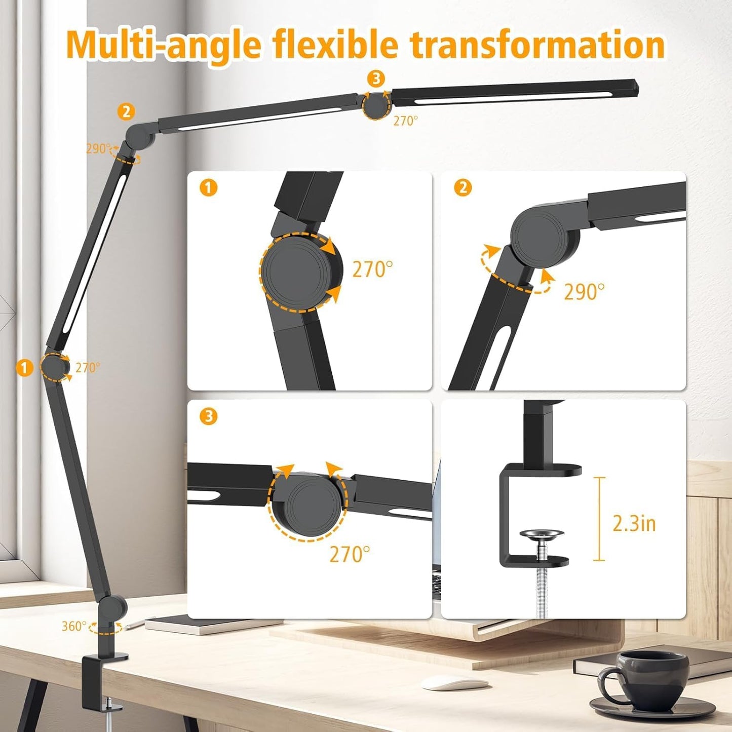 AILBTON Bright LED Desk Lamp with Clamp,Eye Caring Architect Led Desk Lights with Adjustable Swing Arm for Office