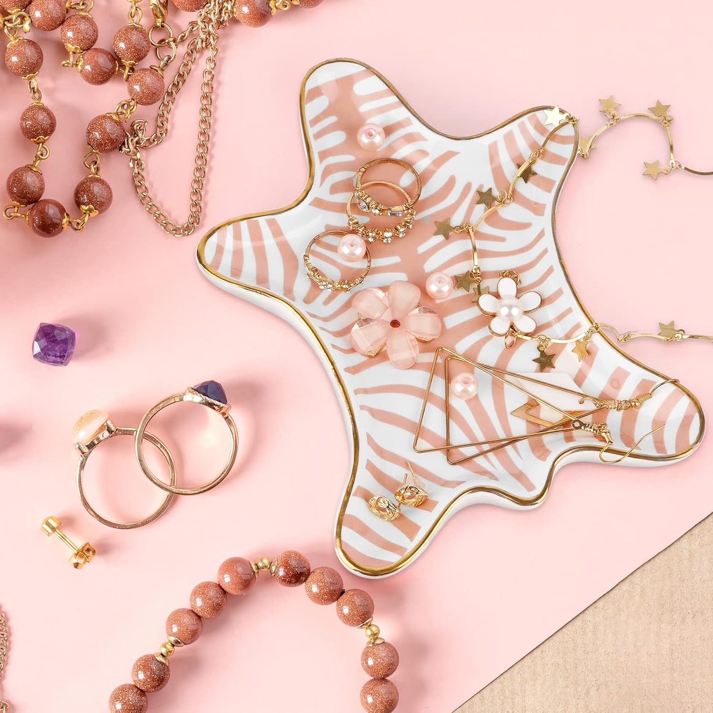 Hand Painted Tiger Skin Ceramic Jewelry Dish Small Jewelry Rack Tray Rings Bracelets Earrings / Pink