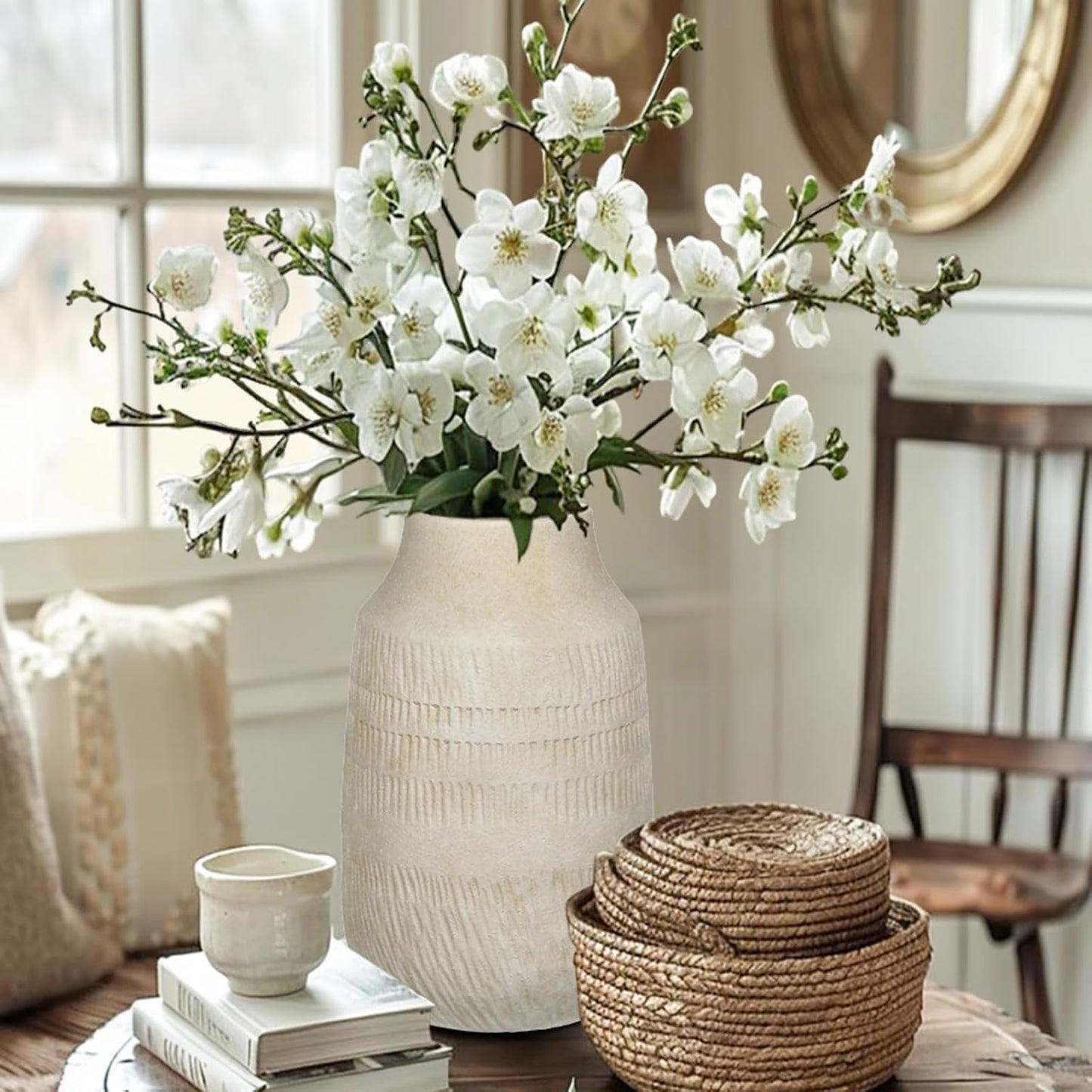11" Rustic Ceramic Vase / 11" Beige White