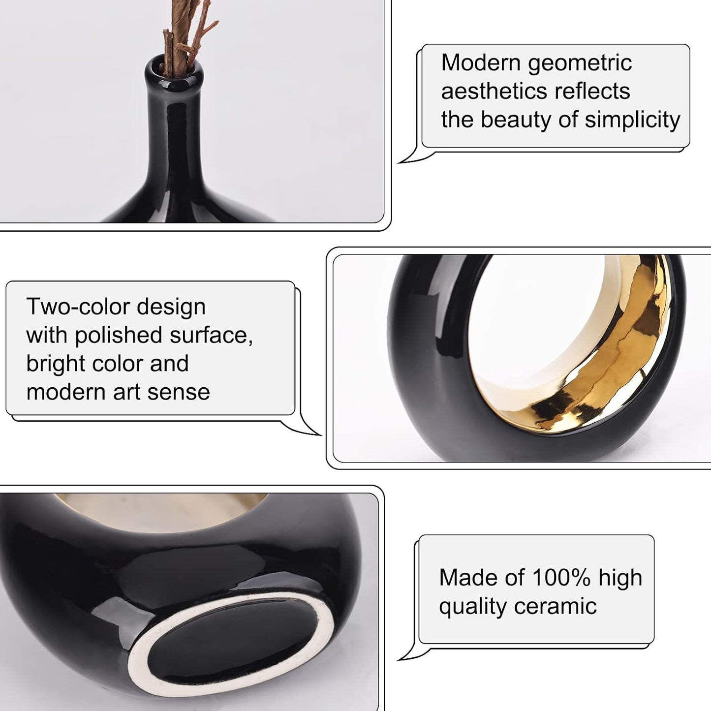 Vase Ceramic Black Vases Home Decor / Black and Gold