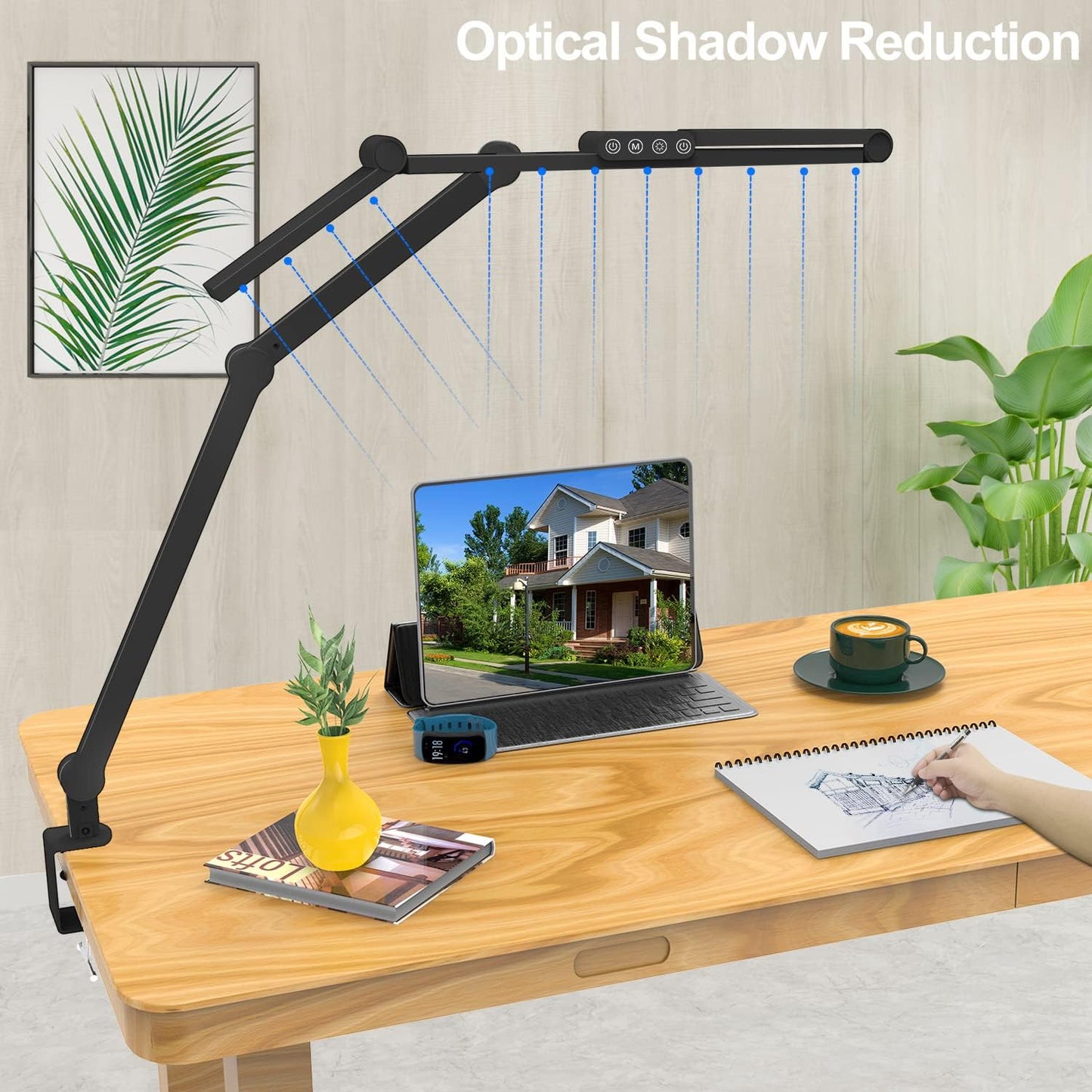 Led Desk Lamp with Clamp, Architect Desk Lamp for Home Office with Atmosphere Lighting, 24W Ultra Bright Auto Dimming