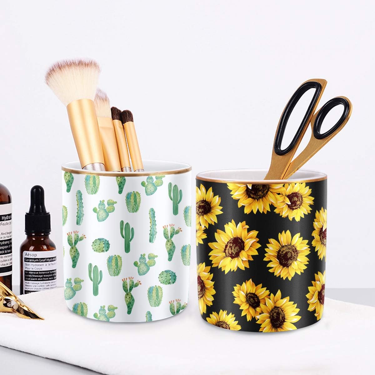 Multi-Purpose Holder for Desk Pencil Cup for Girls Boys Kids Durable Ceramic Desk Organizer / Cactus