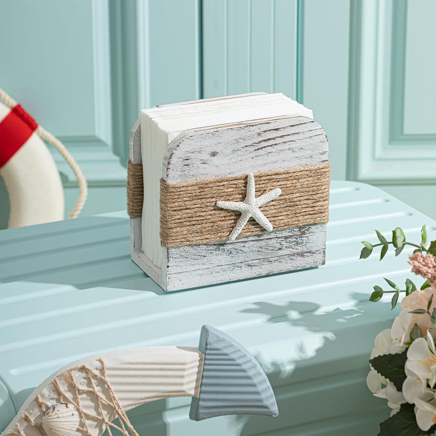 Natural Wooden Napkin Holder / Beach Style / White