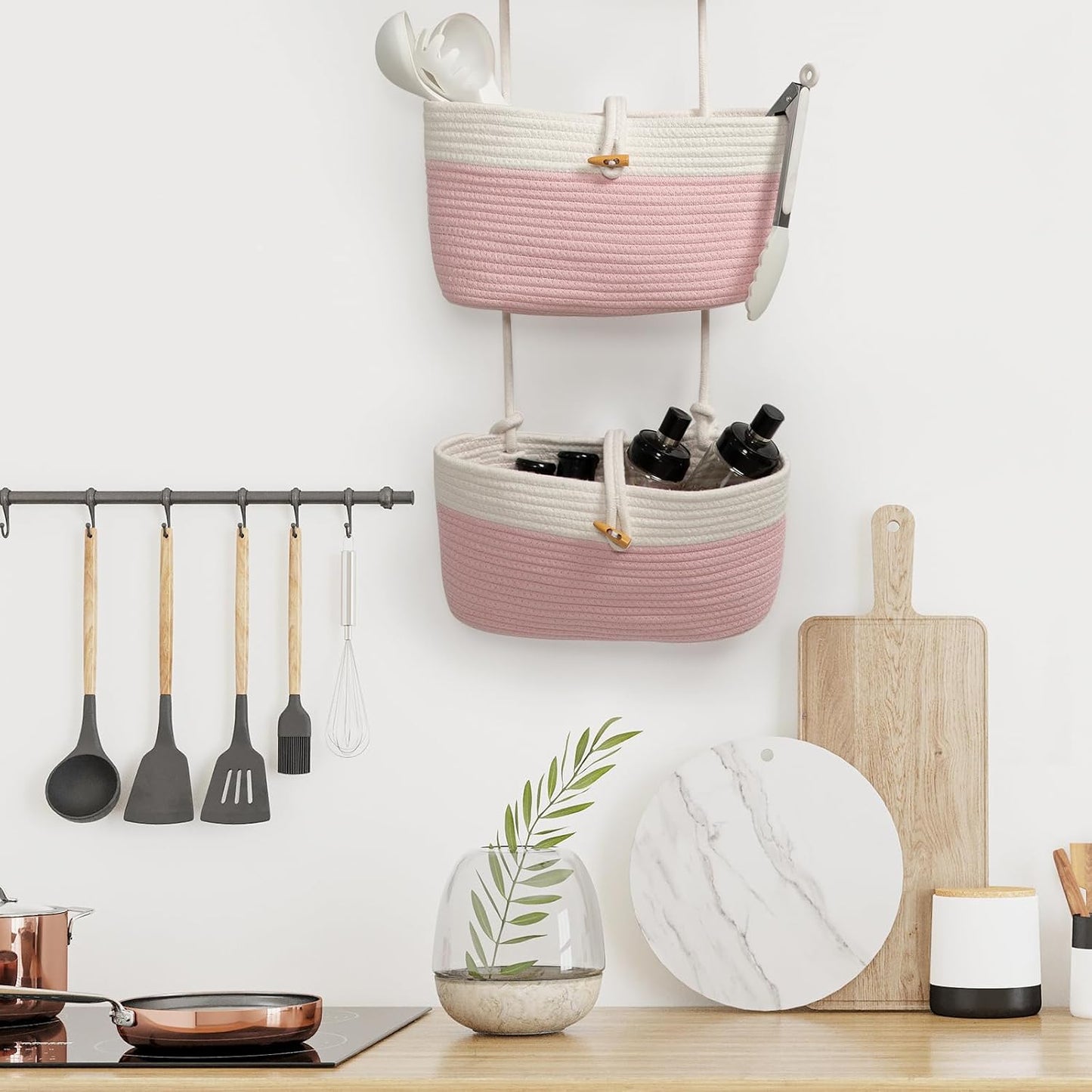 3-Tier Woven Cotton Storage Organizer Bag / Pink+white / 3 Tier+button