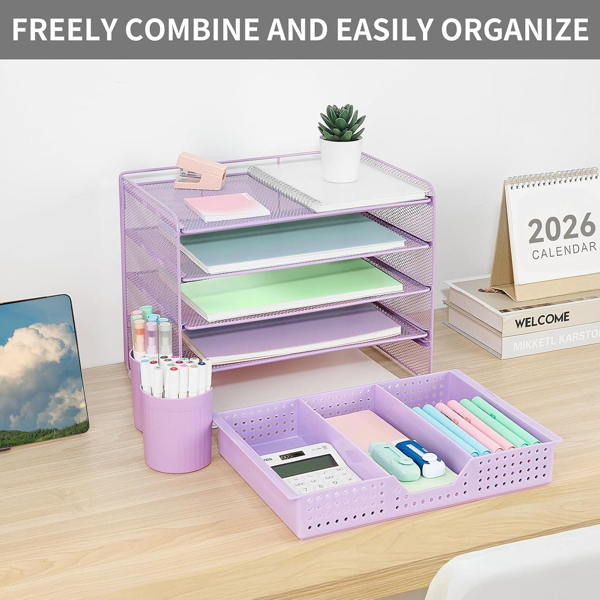 LEKETREE Desk Organizers and Accessories, 5-Tier Paper Letter Tray Organizer with Drawer & 2 Pen Holders, Desktop