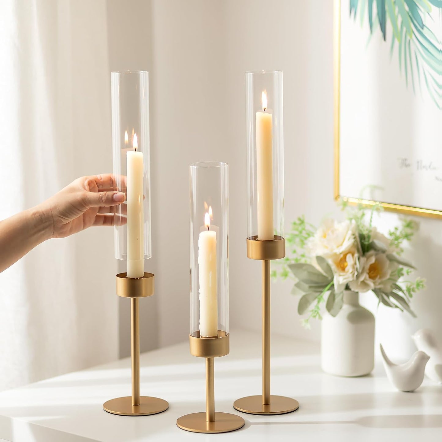 Romadedi Glass Hurricane Candle Holders for Candlestick, Gold, Set of 18 | Removable Borosilicate Clear Glass Cylinder