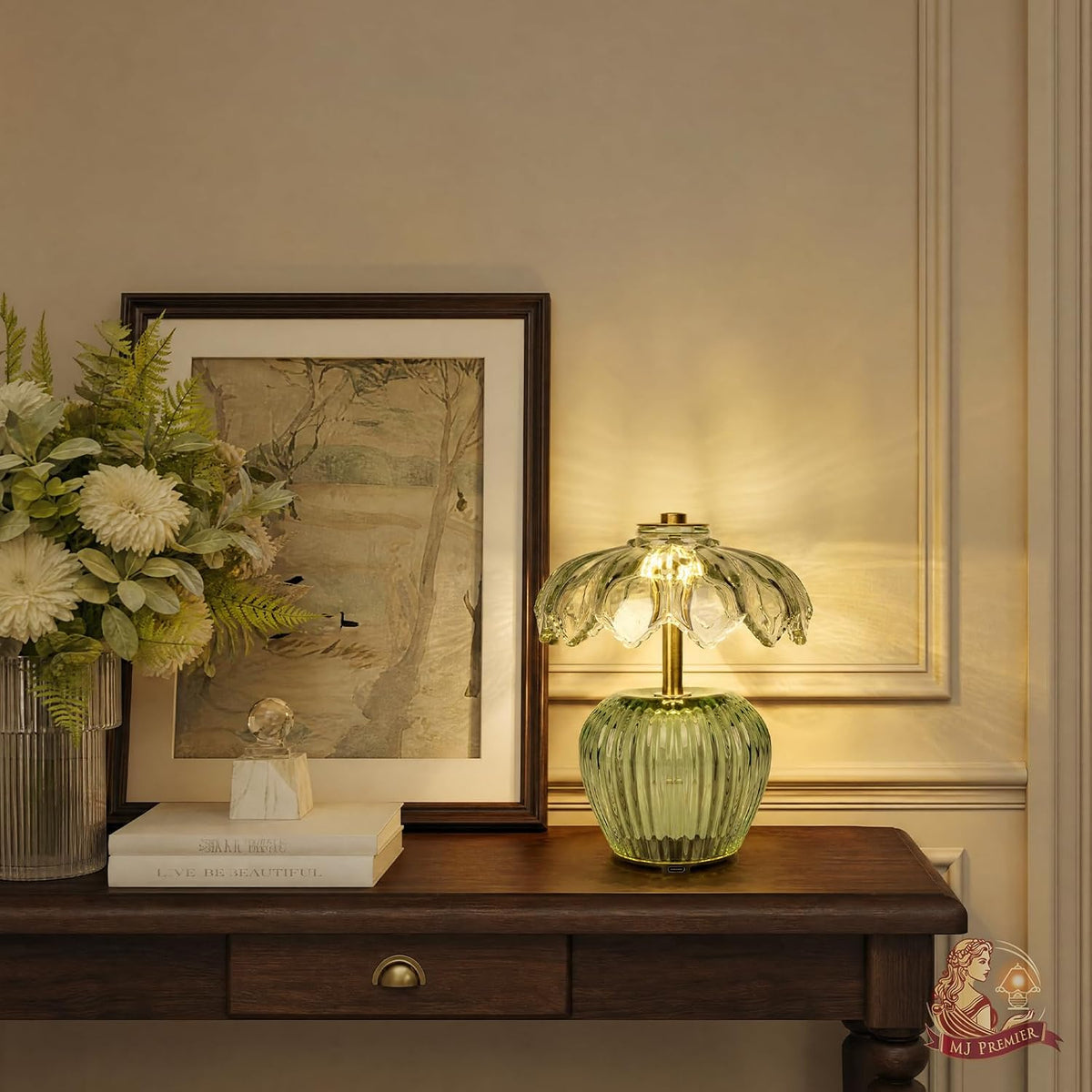 MJ PREMIER Rechargeable Table Lamp, Small Cordless Lamp with Timer, Green | Crystal Glass Flower Lampshade, Small Table