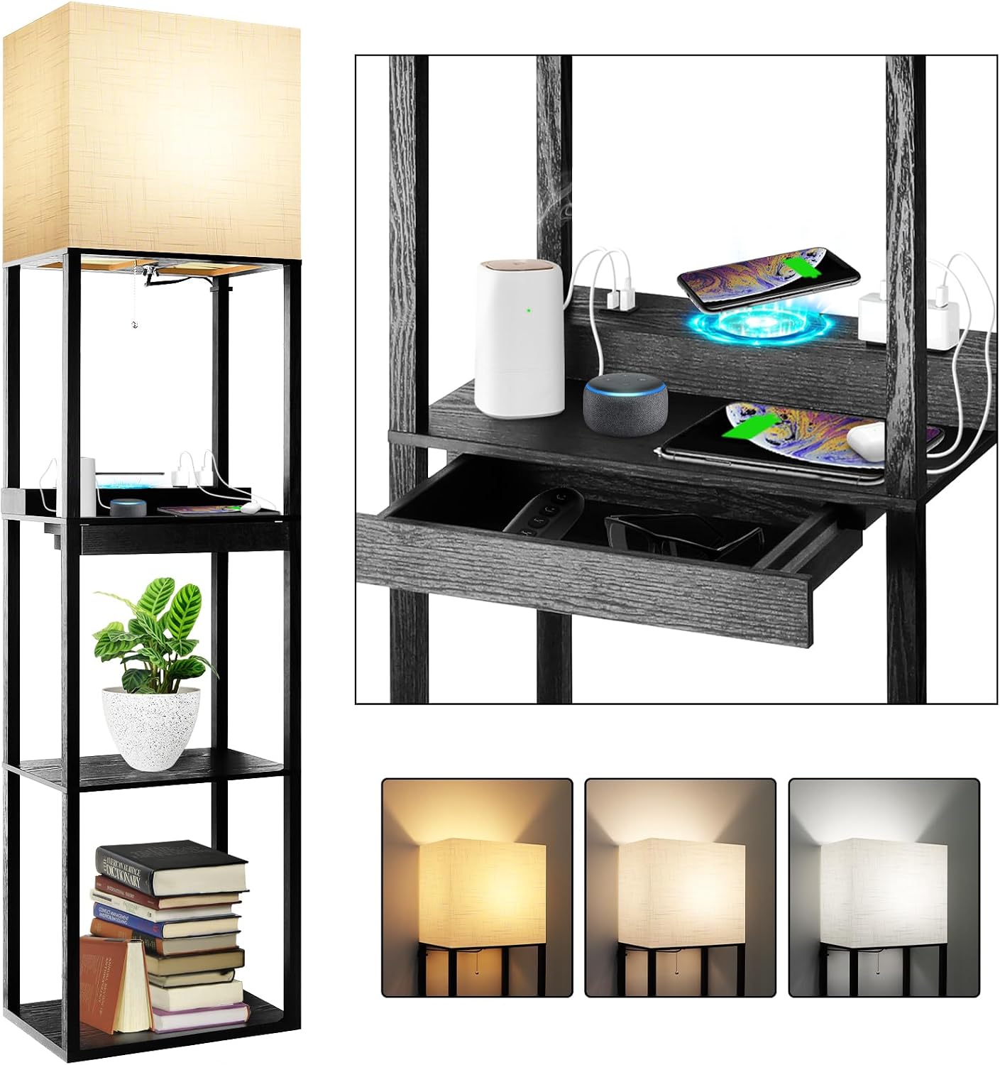 RUNTOP Plus Charging Station Floor Lamp with Wireless Charger, 2 USB-C Port, 2 Power Outlet, Floor Lamp with Shelves