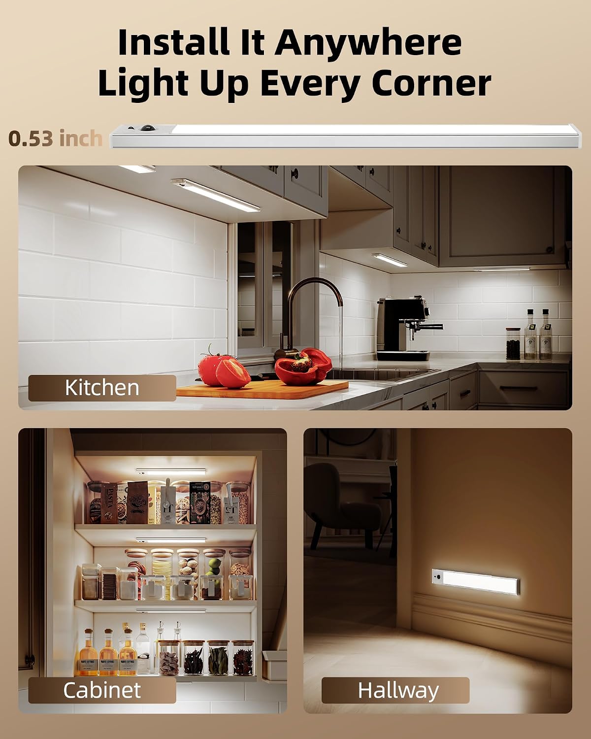 EZVALO 3-Pack 16.5inch Under Cabinet Lighting with Remote, 4000mAh Rechargeable Motion Sensor Lights, Magnetic Dimmable
