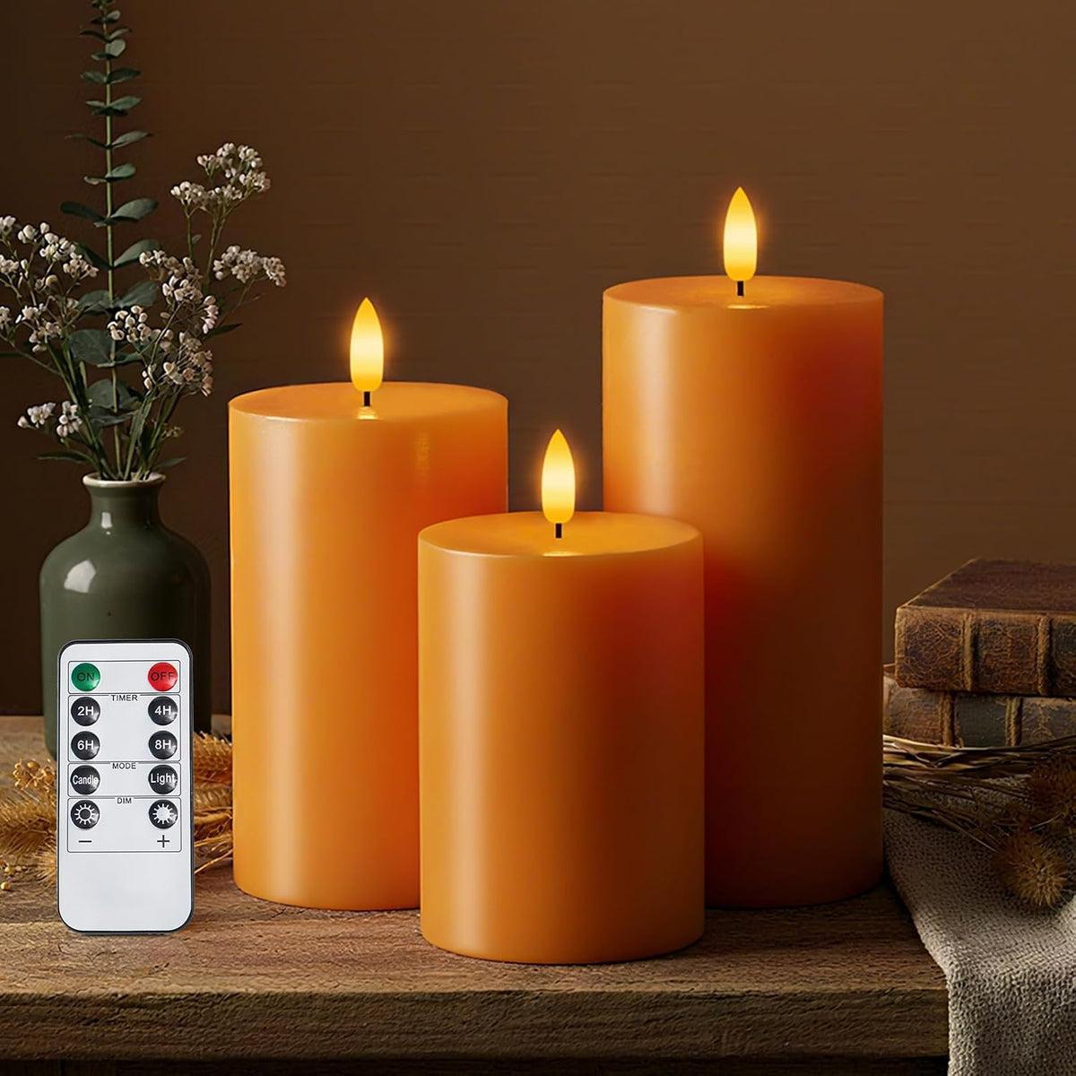 Homemory Orange Flameless Candles Battery Operated with Remote Timer, 3PC | Rael Wax LED Pillar Candles with Realistic