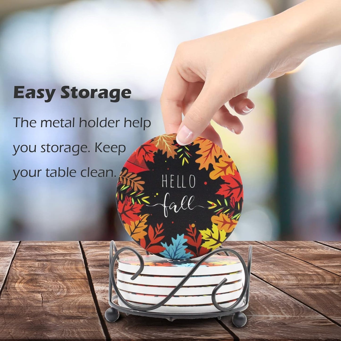 Holder Absorbent Ceramic Coasters for Wooden Table / Fall Colorful / Set of 6