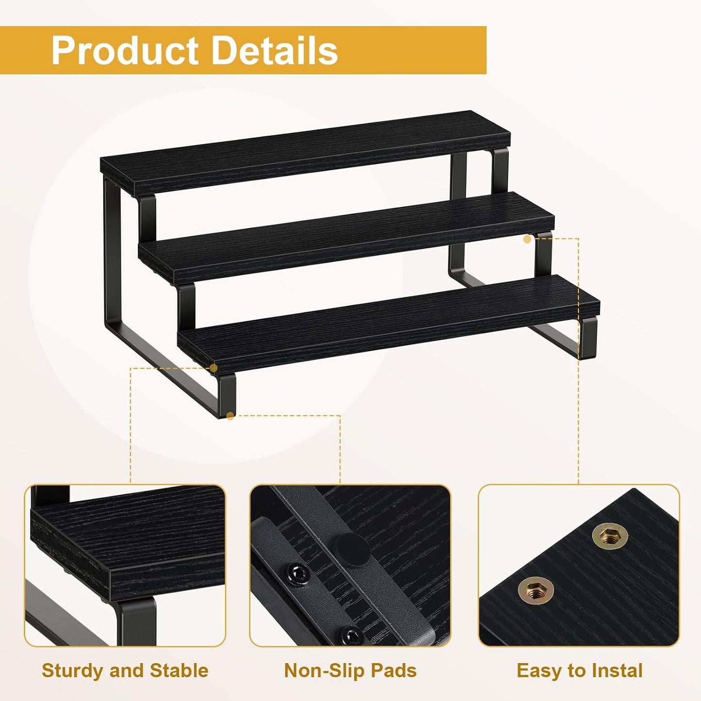 Giikin 3 Tier Spice Rack, Set of 2 Wooden Spice Rack for Countertop, Cabinet Organizer Shelf Kitchen Counter Storage