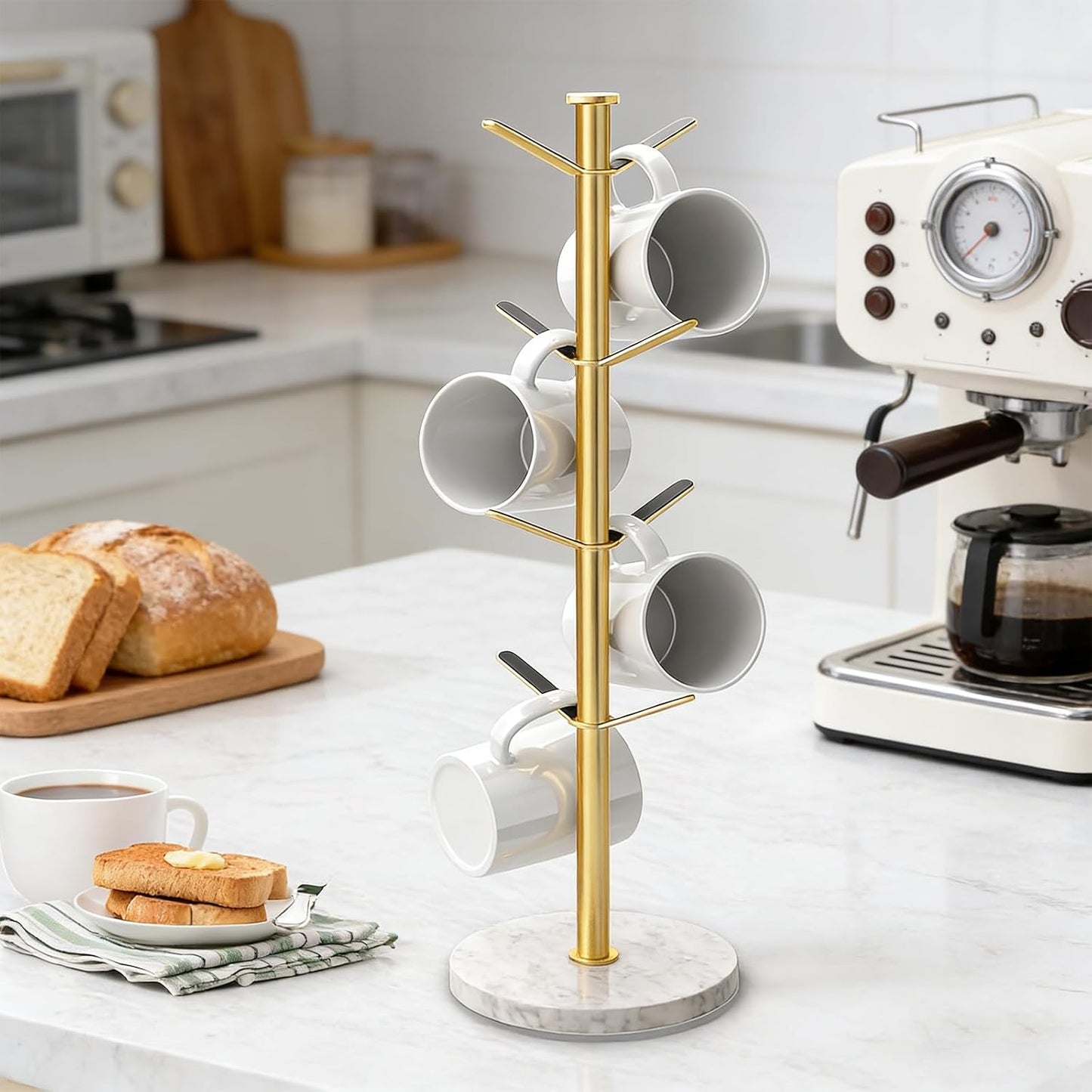 Gypie Gold Mug Holder Tree with Marble Base, 8 Hooks Standard Coffee Cups | Mug Holder Stand, Small Mug Rack for
