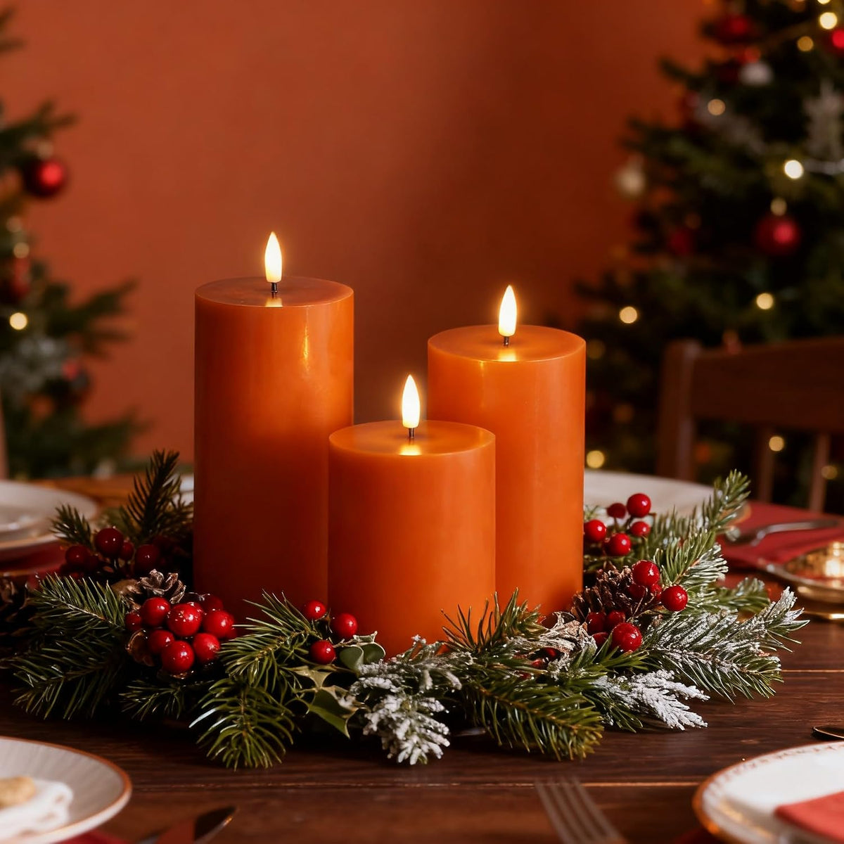 Burnt Orange Fall Halloween Flameless Pillar Candles with Remote Set of 3 | Flickering LED Wax Candles, 2 AA Battery