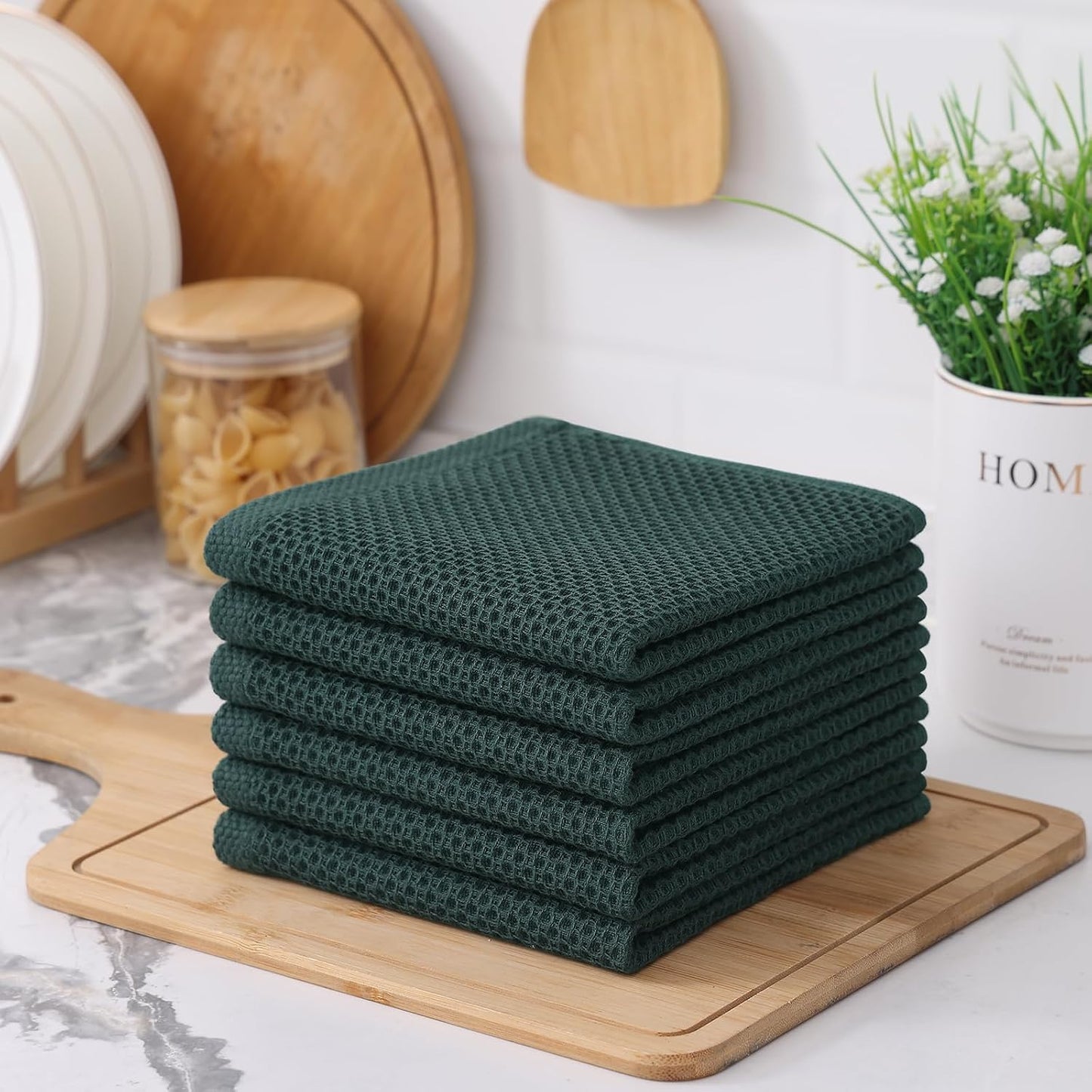 Kitinjoy Cotton Waffle 12-Pack Kitchen Towels, 12" x 12", Blackish Green | Ultra Absorbent, Super Soft, lightweight