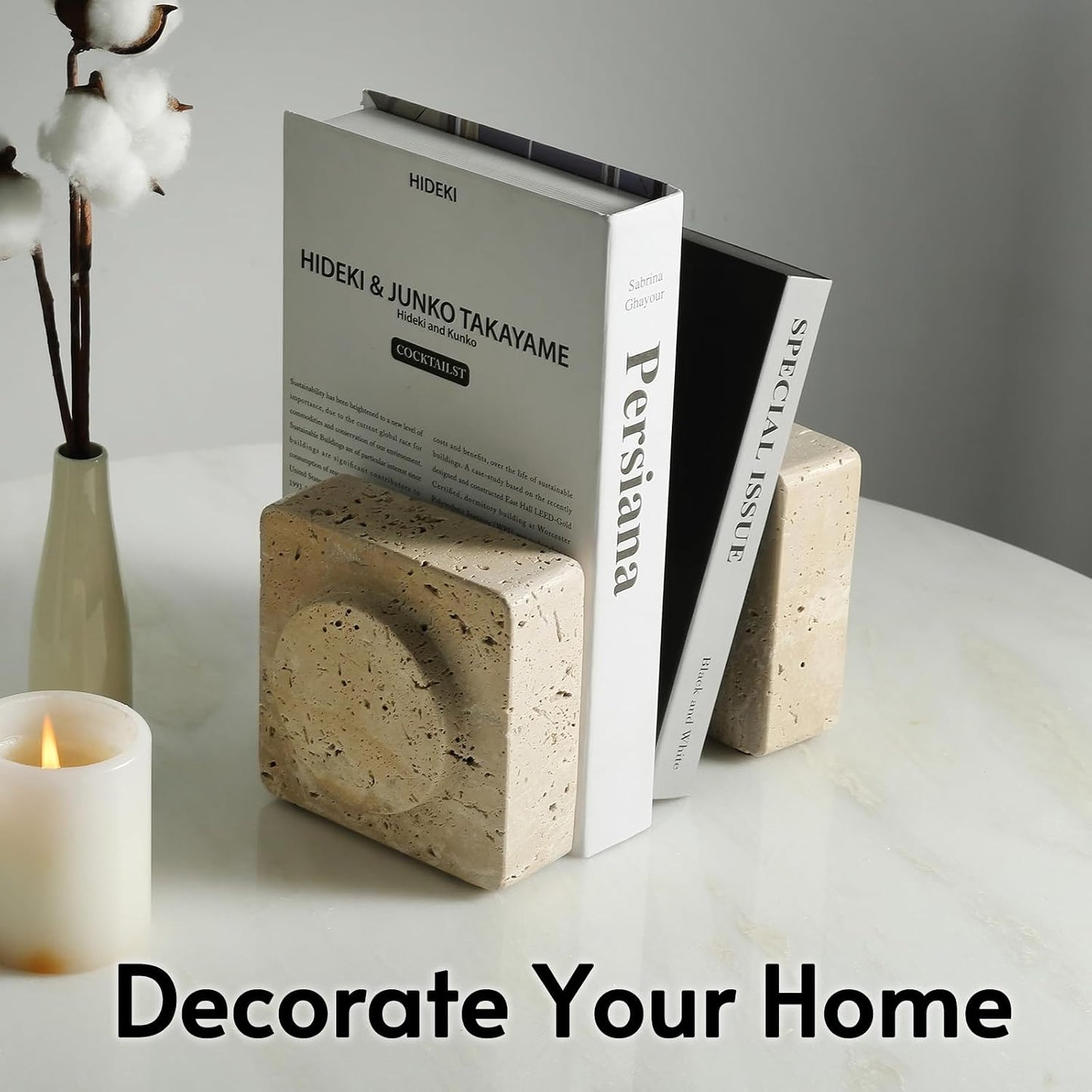 Bookends / Marble Square Book Ends / Square Beige Travertine