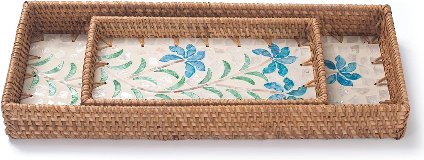 Rattan Bathroom Vanity Tray / Blue Narcissus / Set of 2