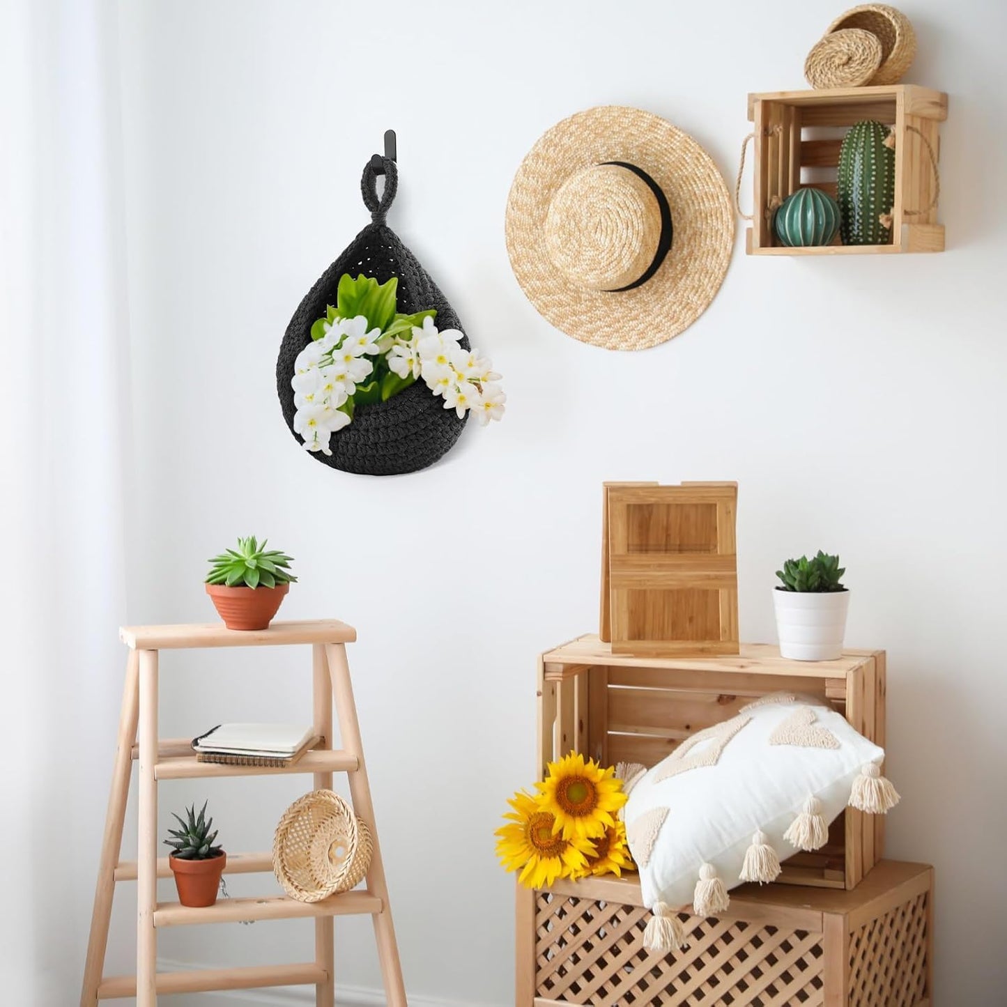 Boho Decor Hanging Wall Baskets / Black / Cotton Rope / Teardrop / Set of 3