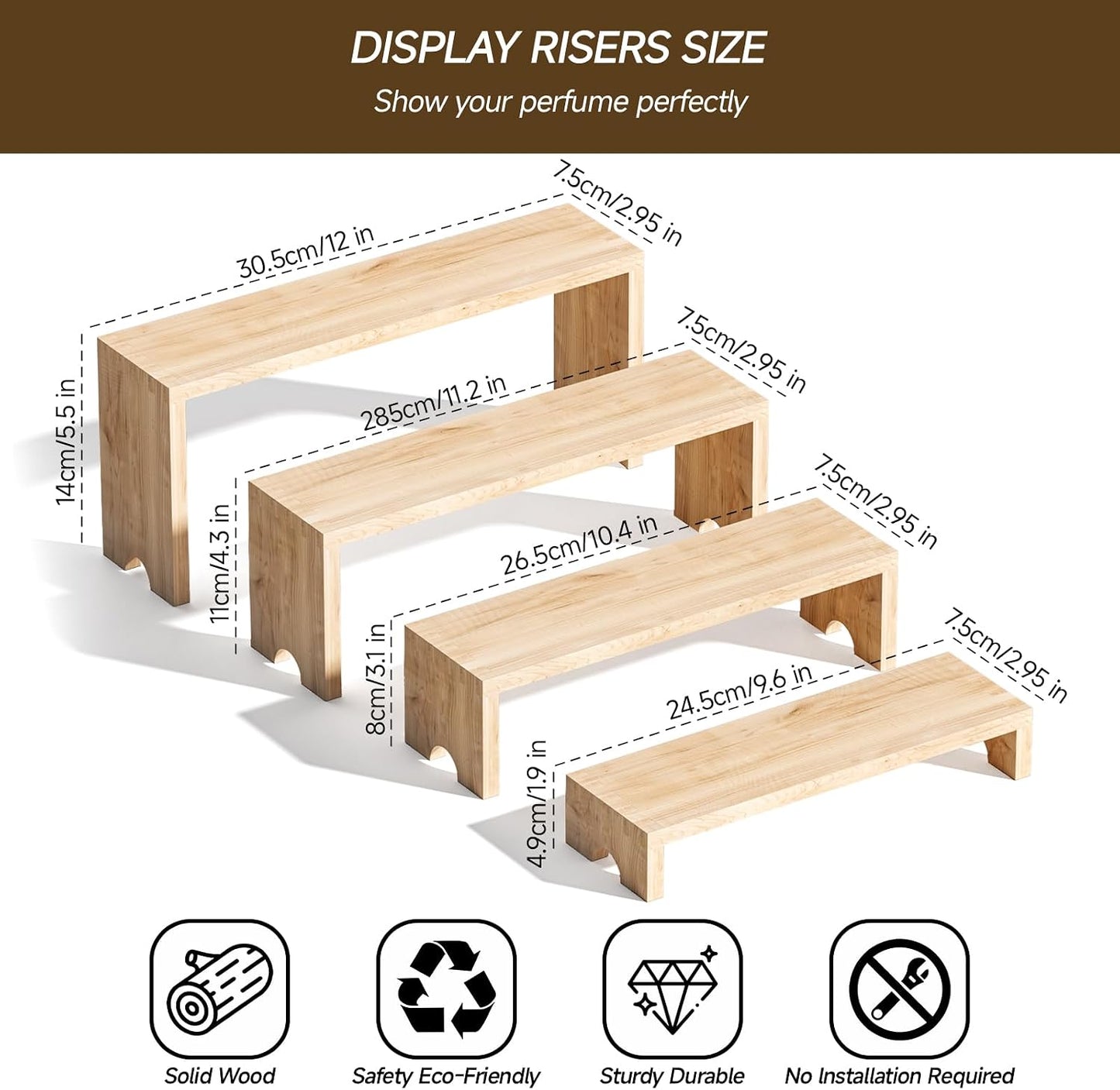 4 Tier Large Display Wooden Riser Stand Decorative Rectangular Wood Racks / Wood Color / Set of 4