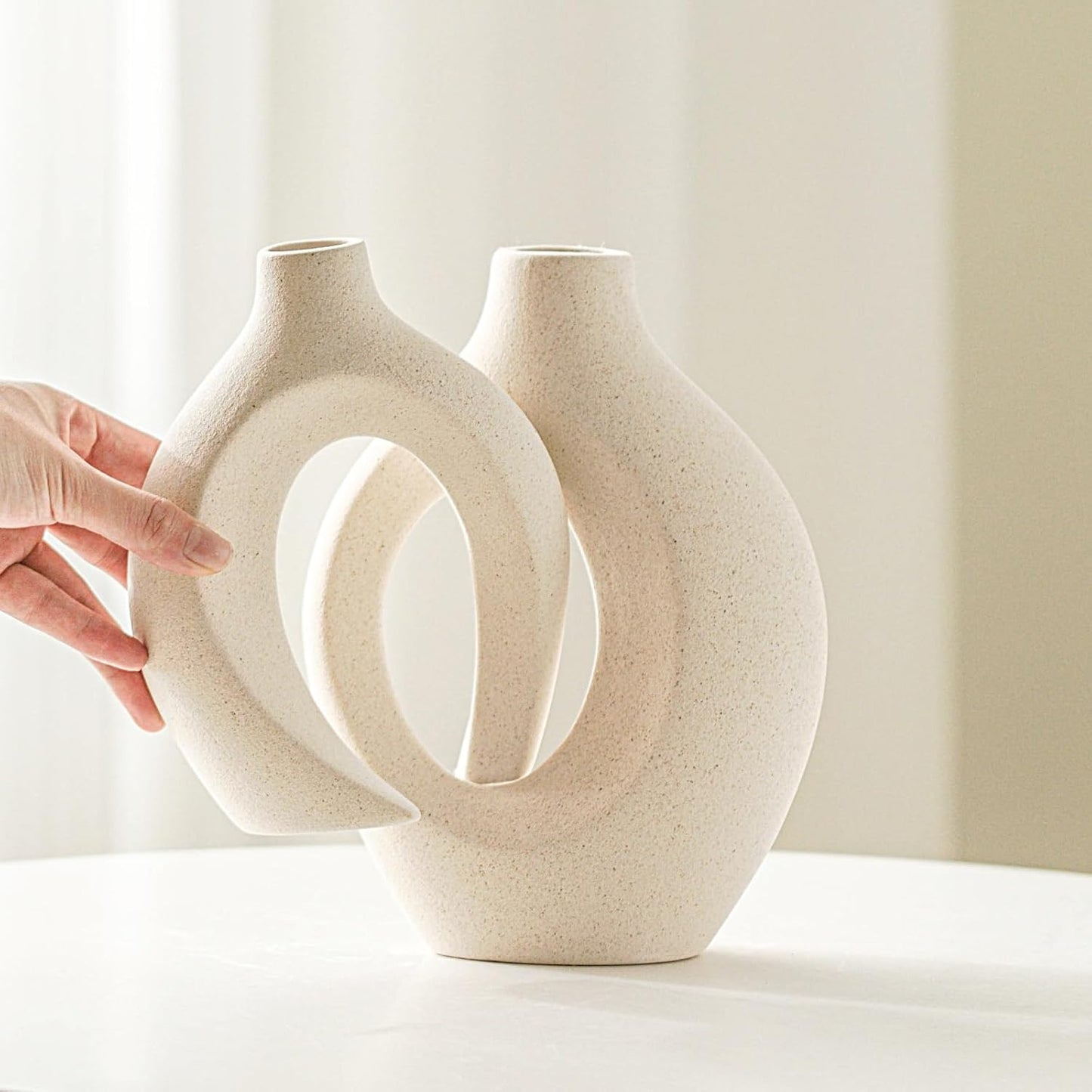 Hollow Ceramic Vase / Off White - Round Hollow / Set of 2
