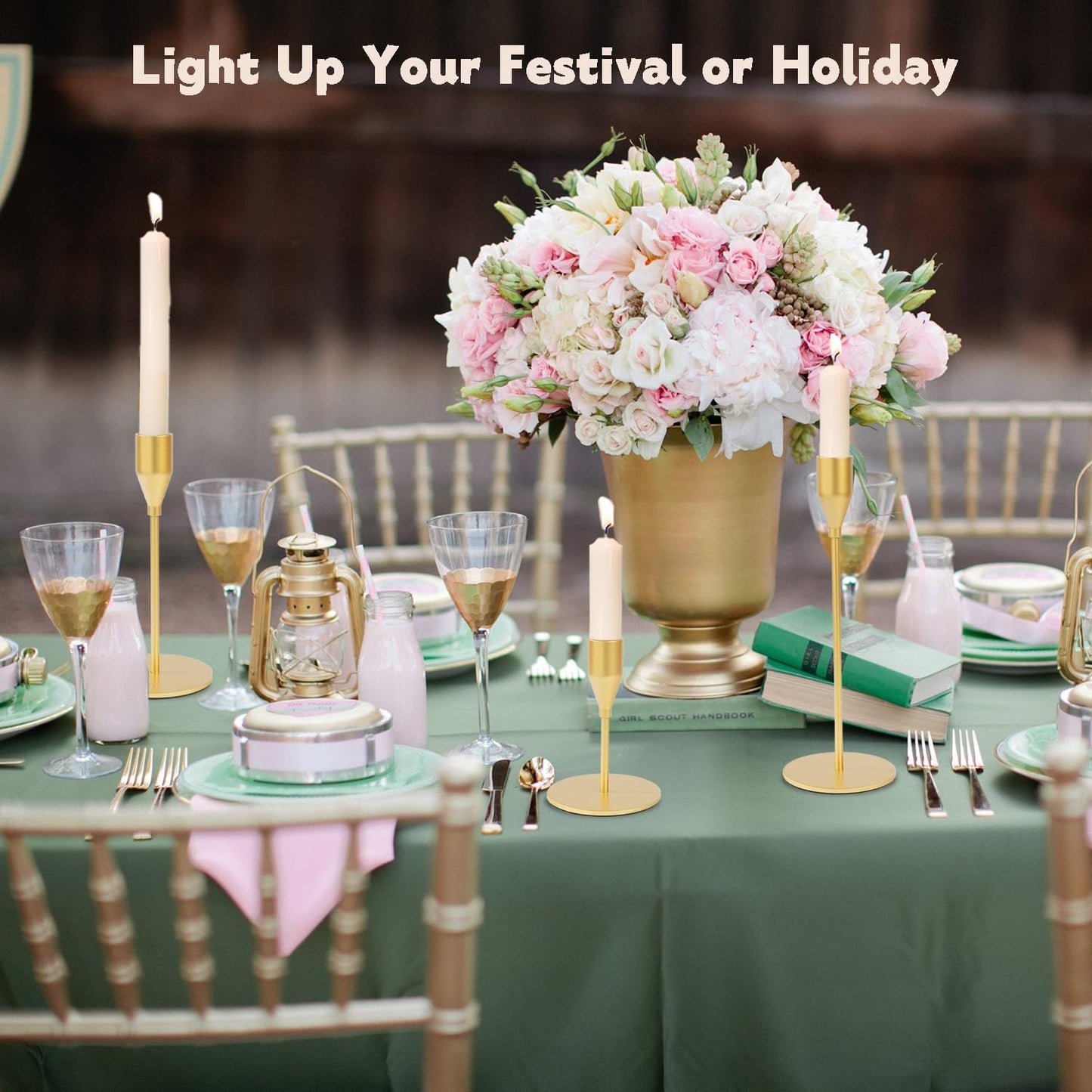 Matte Gold Candle Holders Bulk Painted Gold Metal Candlesticks Fit 0.8 Inch Taper Candles Decorative Metal Candelabra