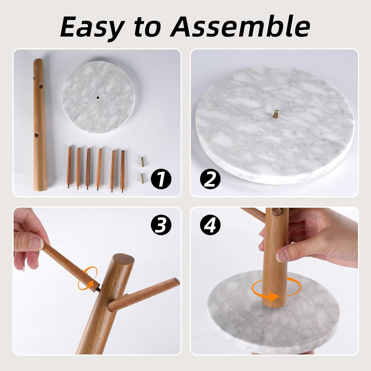 Acacia Wood Mug Tree, Marble Base | Coffee Mug Tree for Counter, Mug Holder Tree with 6 Hooks for Kitchen Coffee Bar