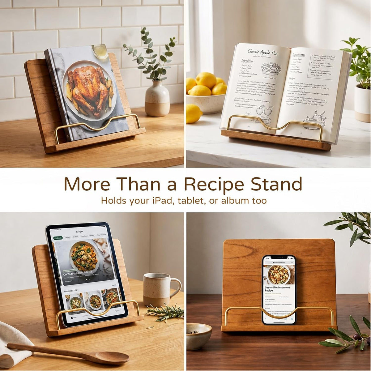 Cookbook Stand Holder for Kitchen Counter Decor - Wooden Recipe Book Holder | 11"L×9"H Cook Book Stand with Metal Page